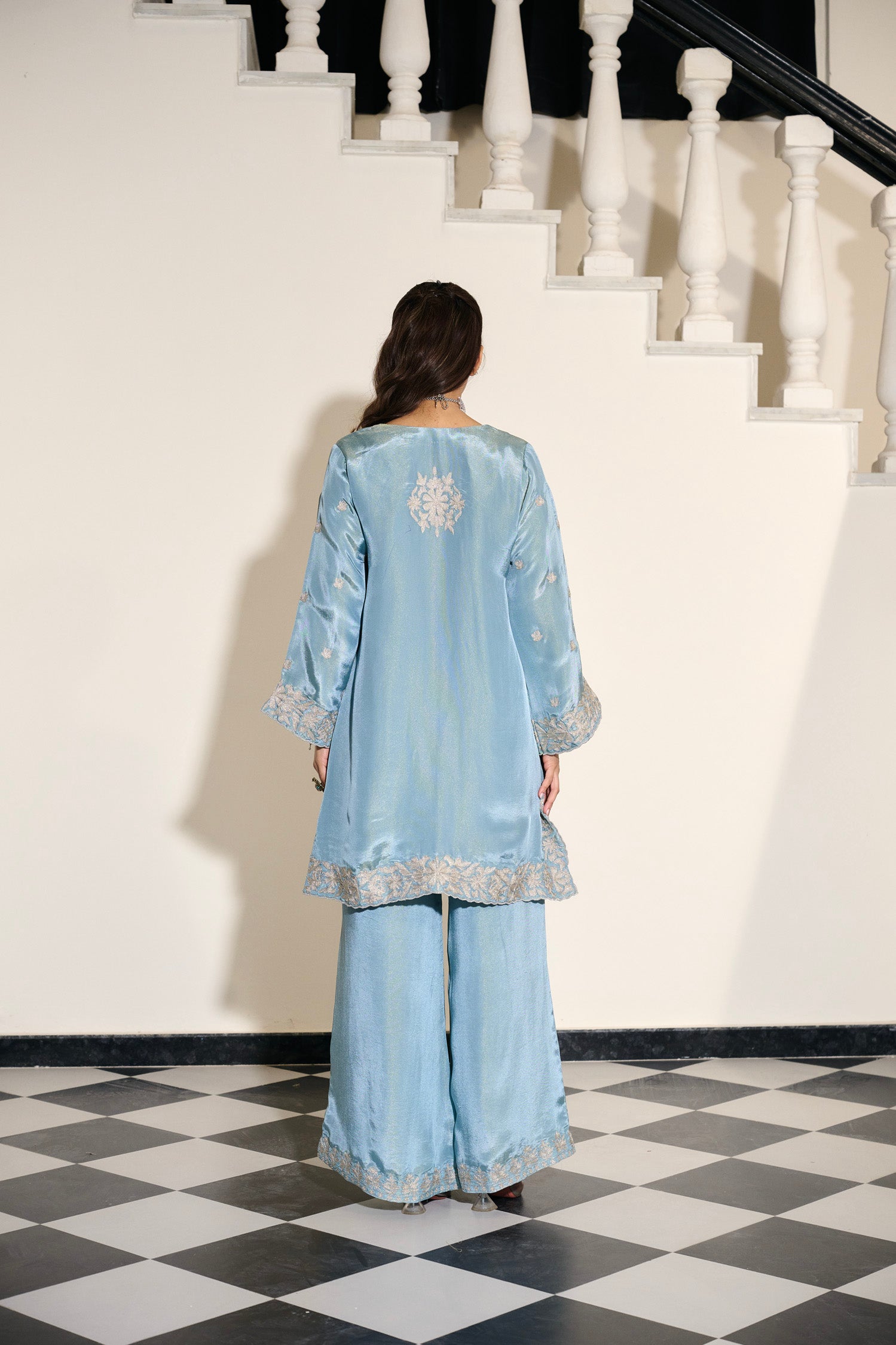 Cloud Blue Tilla Embroidered Pheran Set with Flared Palazzo Pants