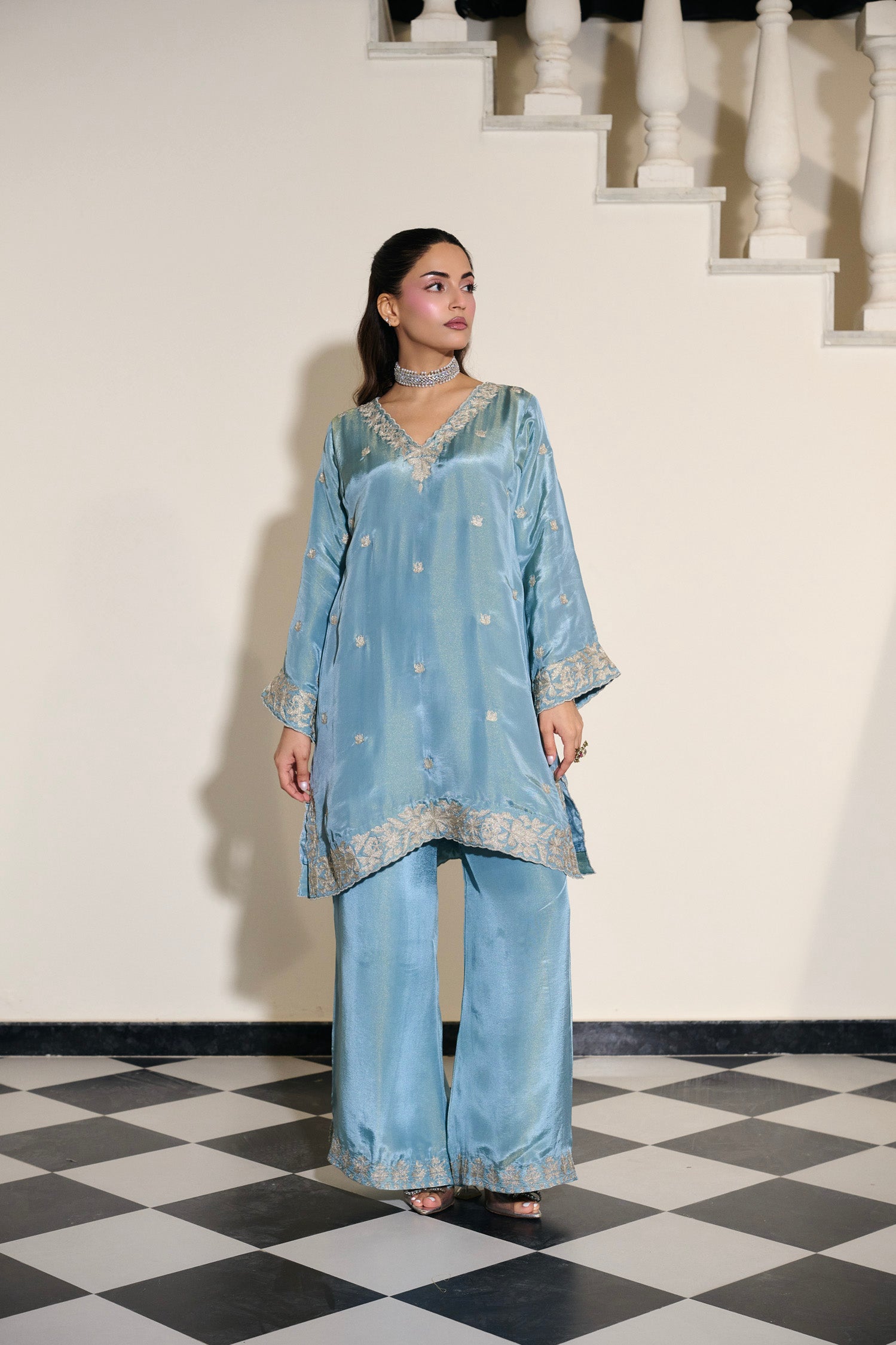 Cloud Blue Tilla Embroidered Pheran Set with Flared Palazzo Pants