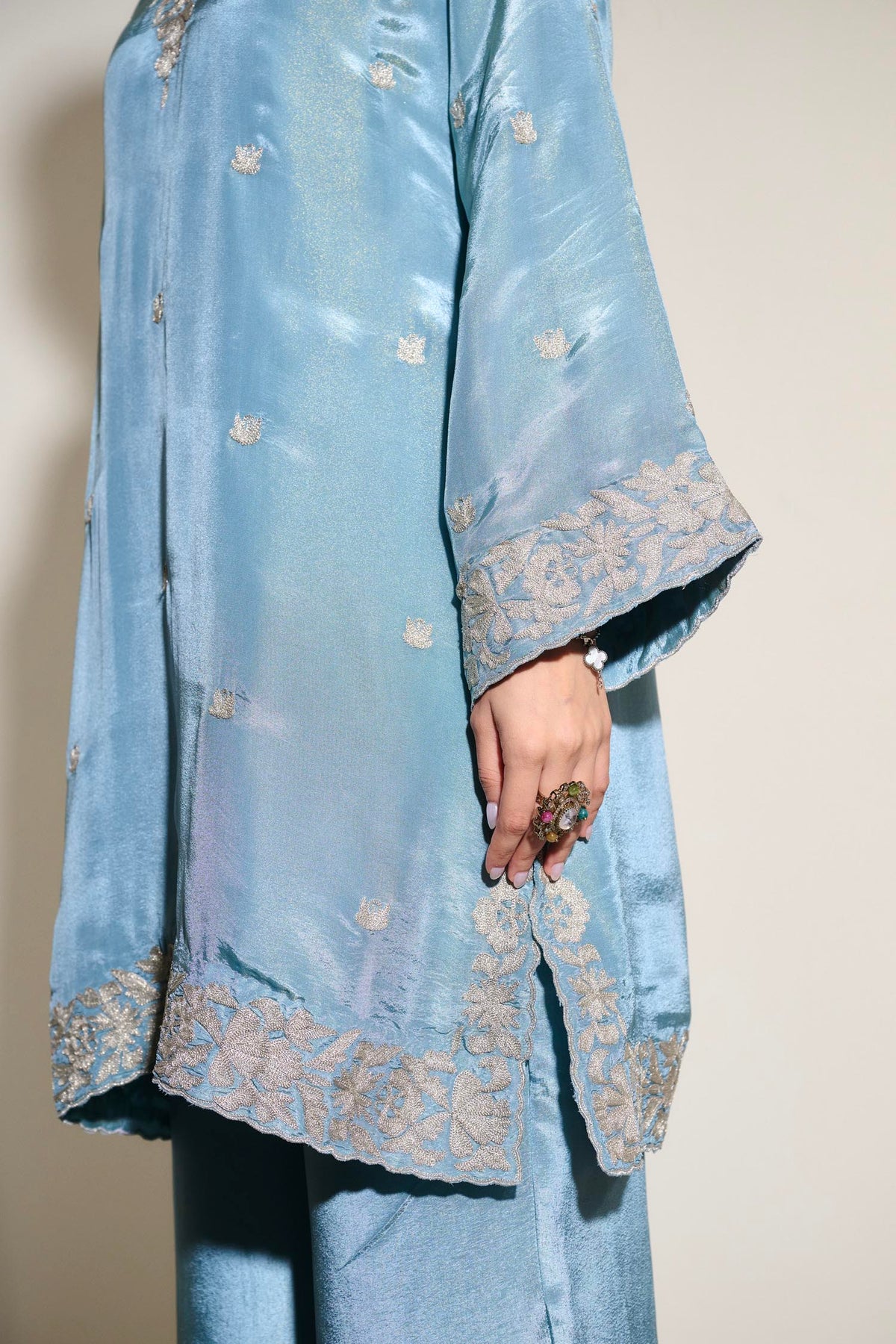 Cloud Blue Tilla Embroidered Pheran Set with Flared Palazzo Pants