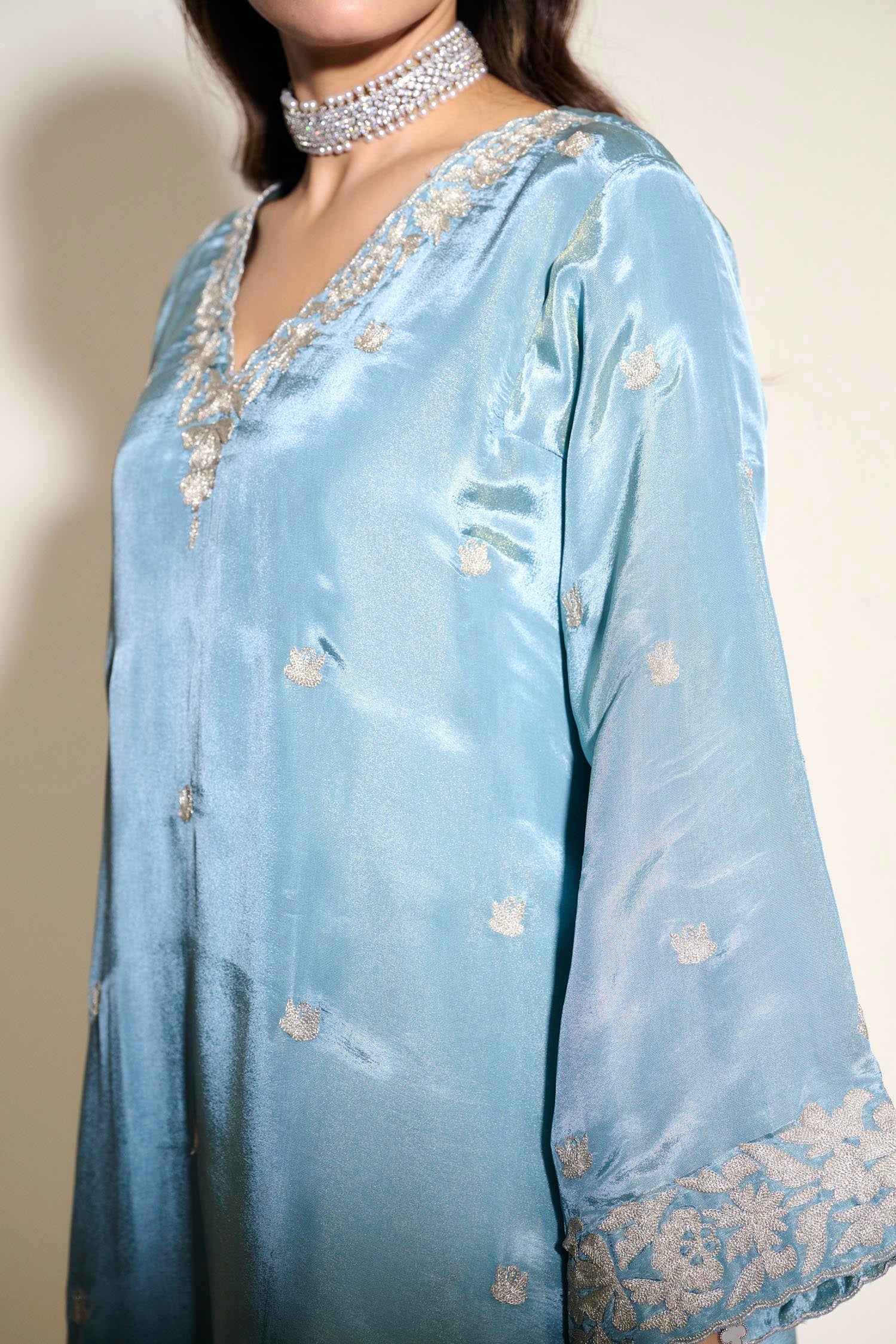 Cloud Blue Tilla Embroidered Pheran Set with Flared Palazzo Pants