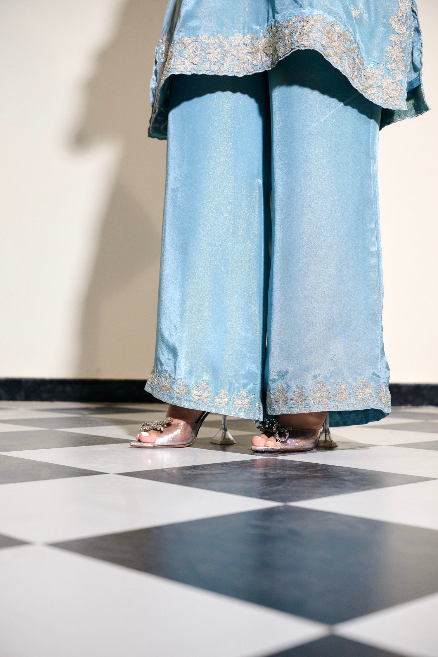 Cloud Blue Tilla Embroidered Pheran Set with Flared Palazzo Pants