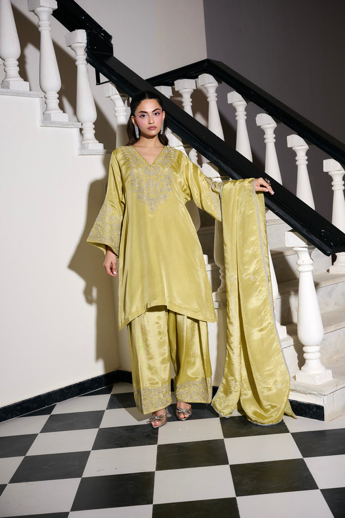 Lime Green Tilla Embroidered Pheran Set with Farshi Salwar