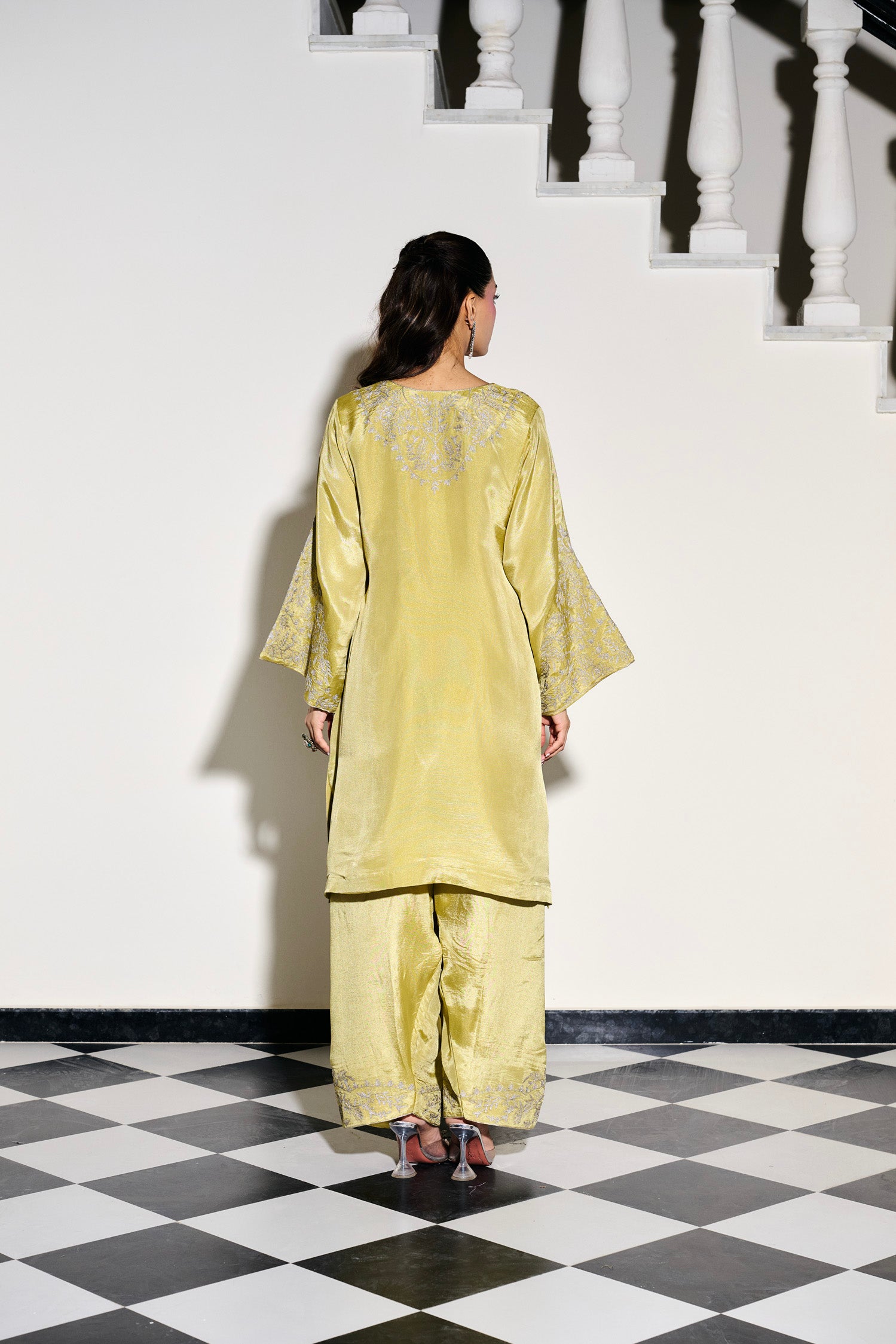 Lime Green Tilla Embroidered Pheran Set with Farshi Salwar
