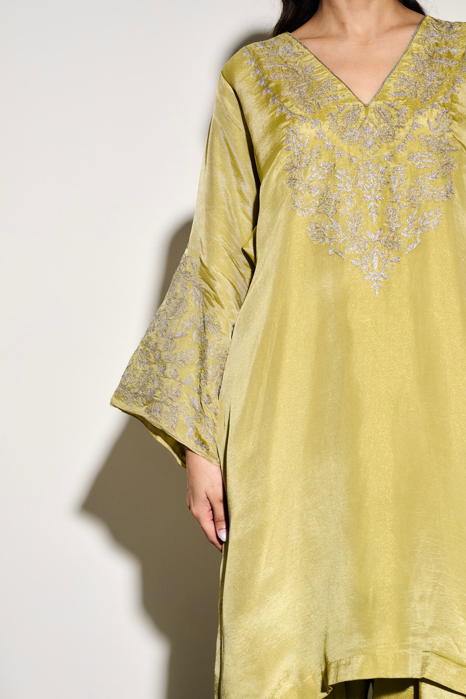 Lime Green Tilla Embroidered Pheran Set with Farshi Salwar