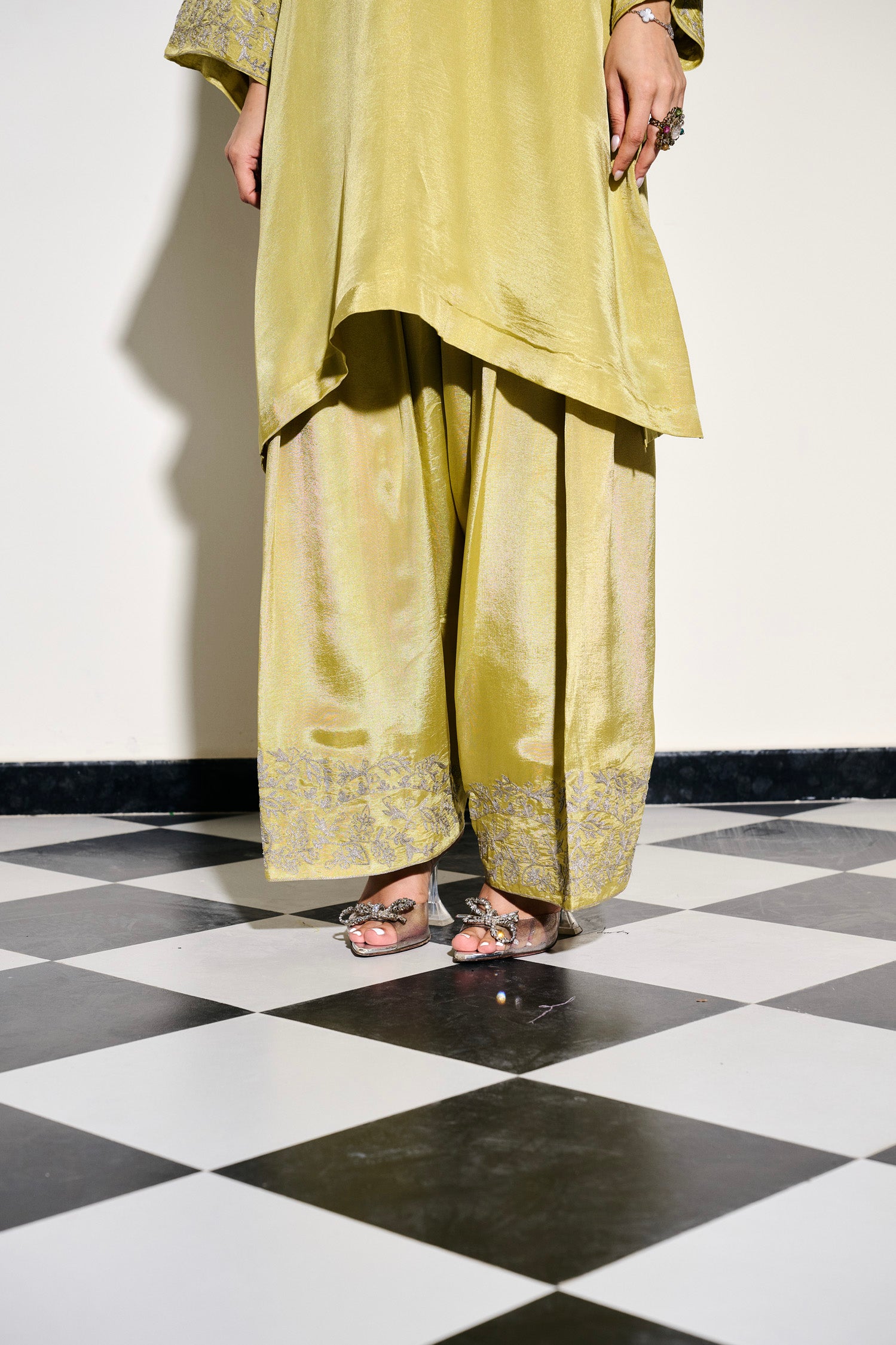Lime Green Tilla Embroidered Pheran Set with Farshi Salwar