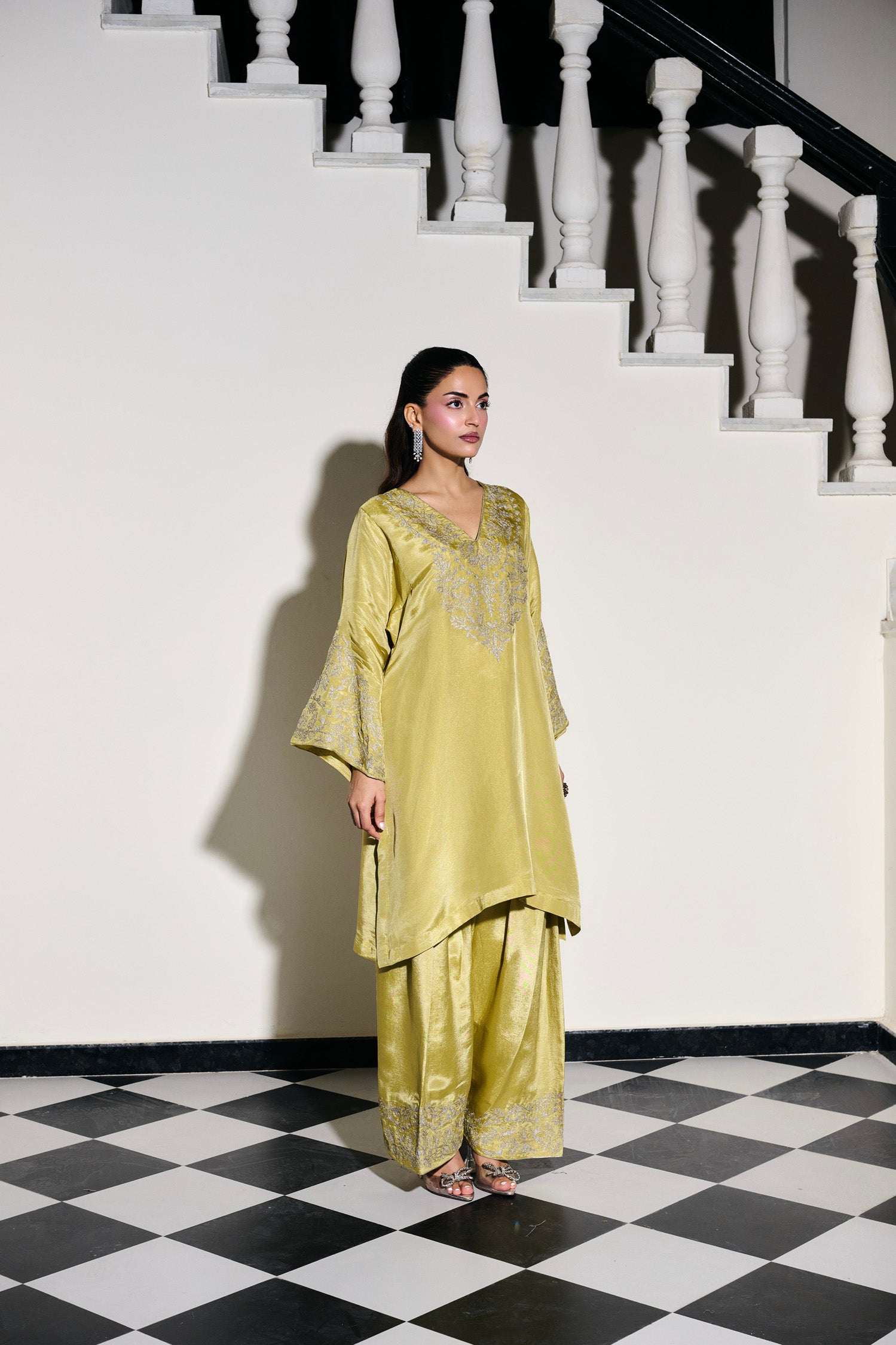 Lime Green Tilla Embroidered Pheran Set with Farshi Salwar