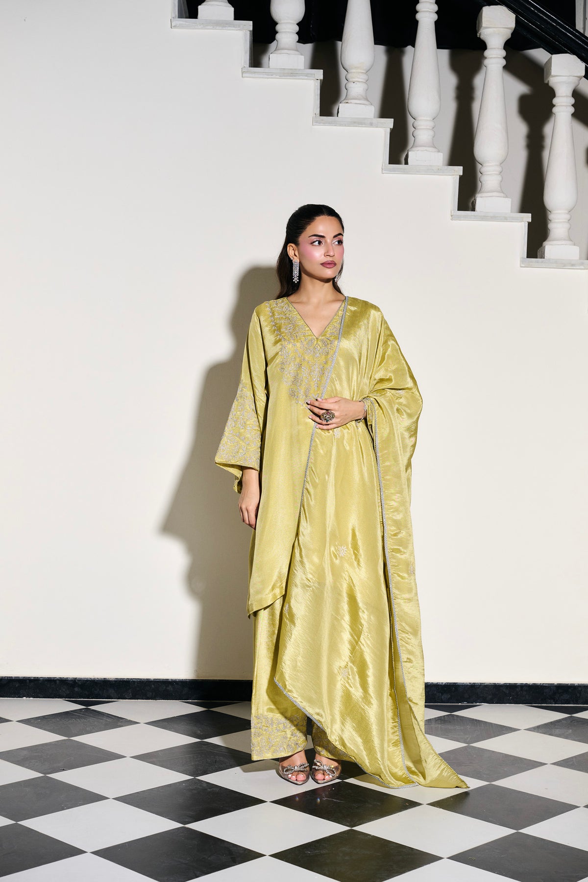 Lime Green Tilla Embroidered Pheran Set with Farshi Salwar