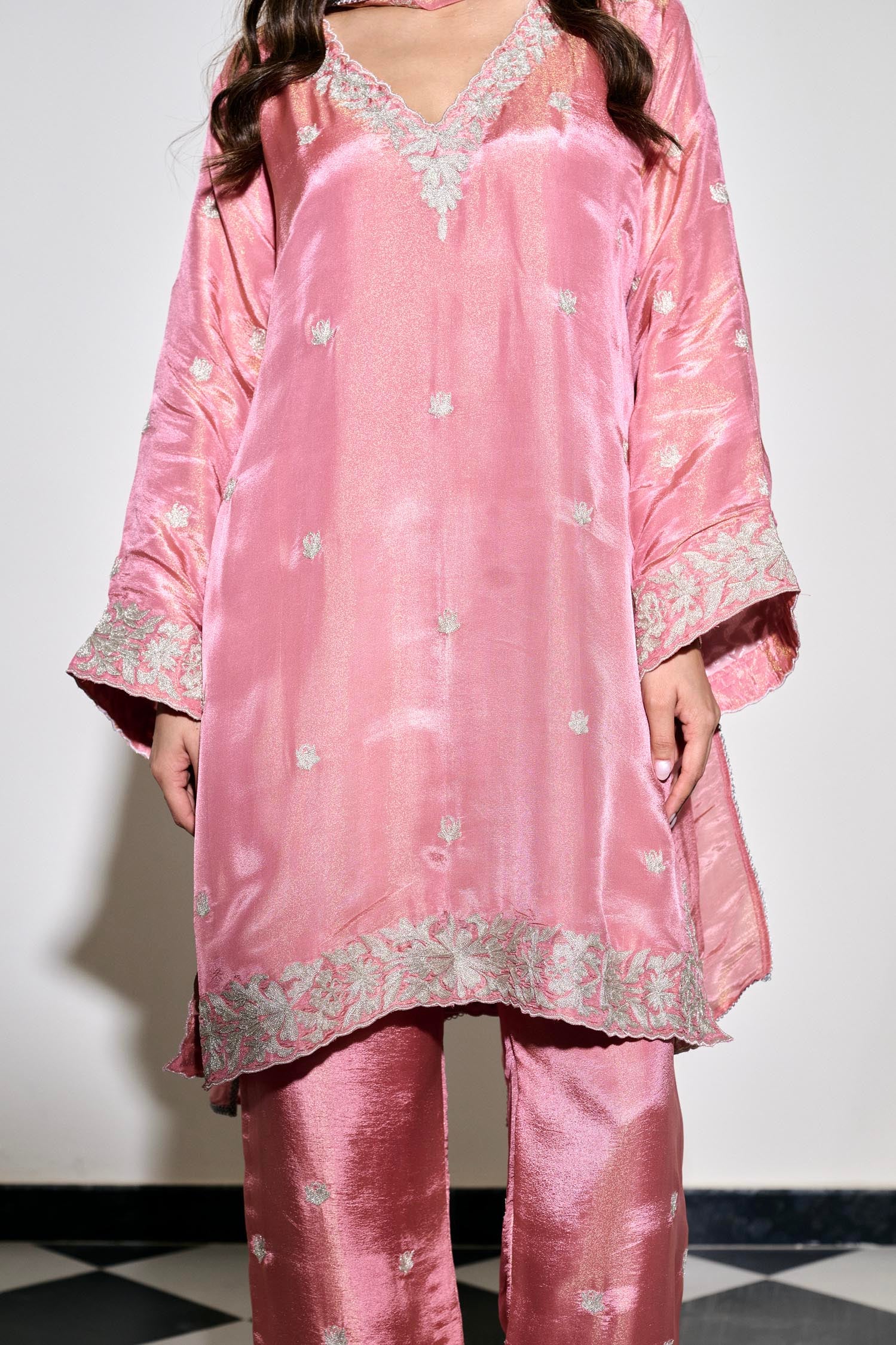 Pink Tilla Embroidered Pheran Set with Straight Pants