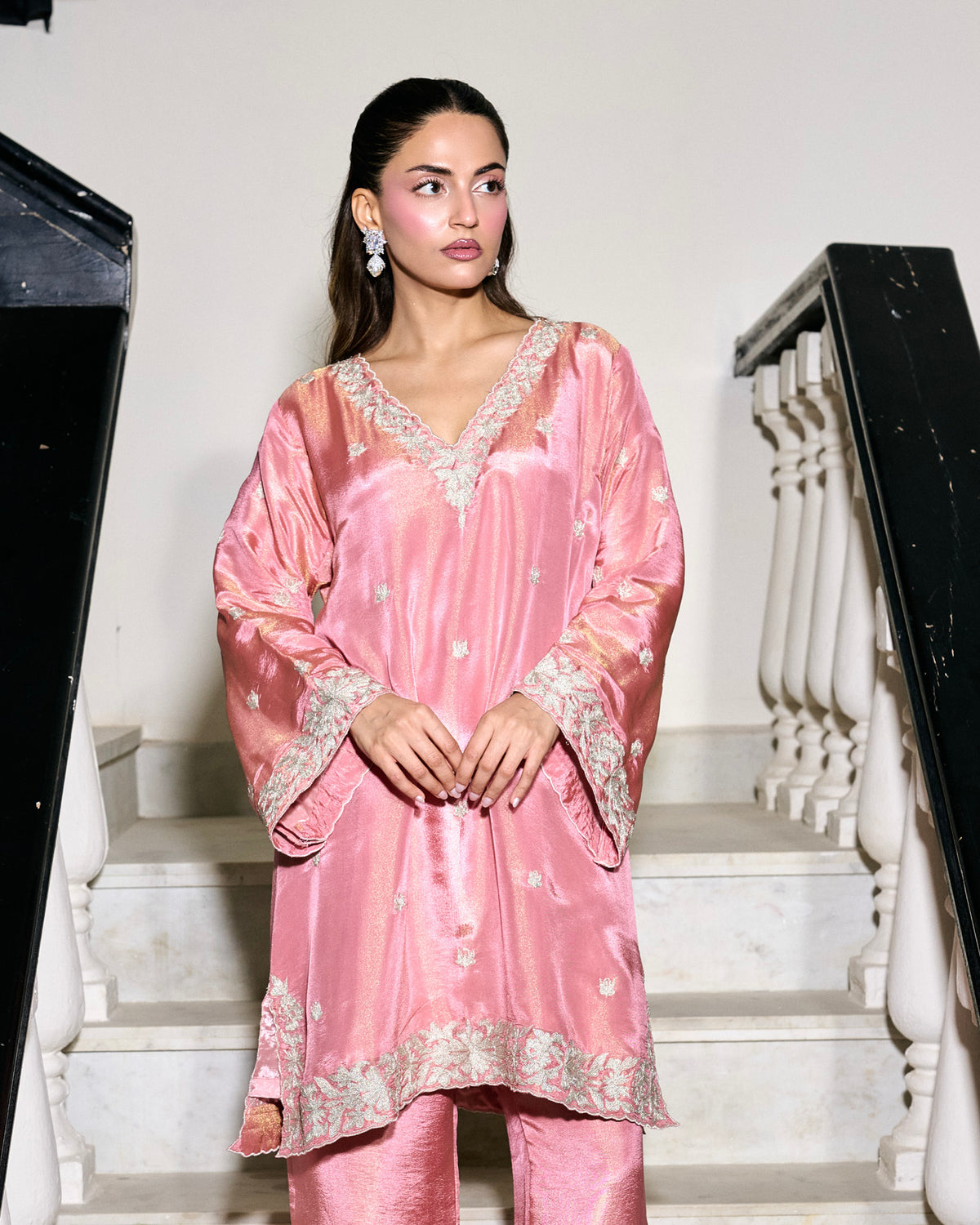 Pink Tilla Embroidered Pheran Set with Straight Pants
