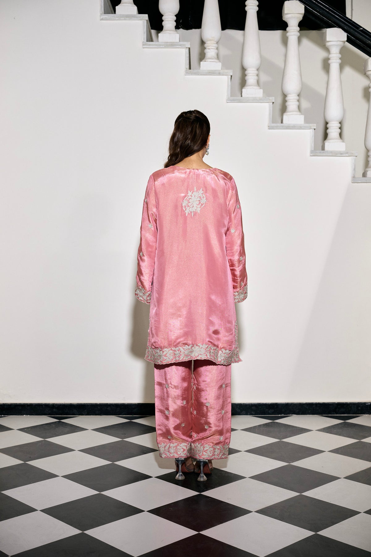 Pink Tilla Embroidered Pheran Set with Straight Pants