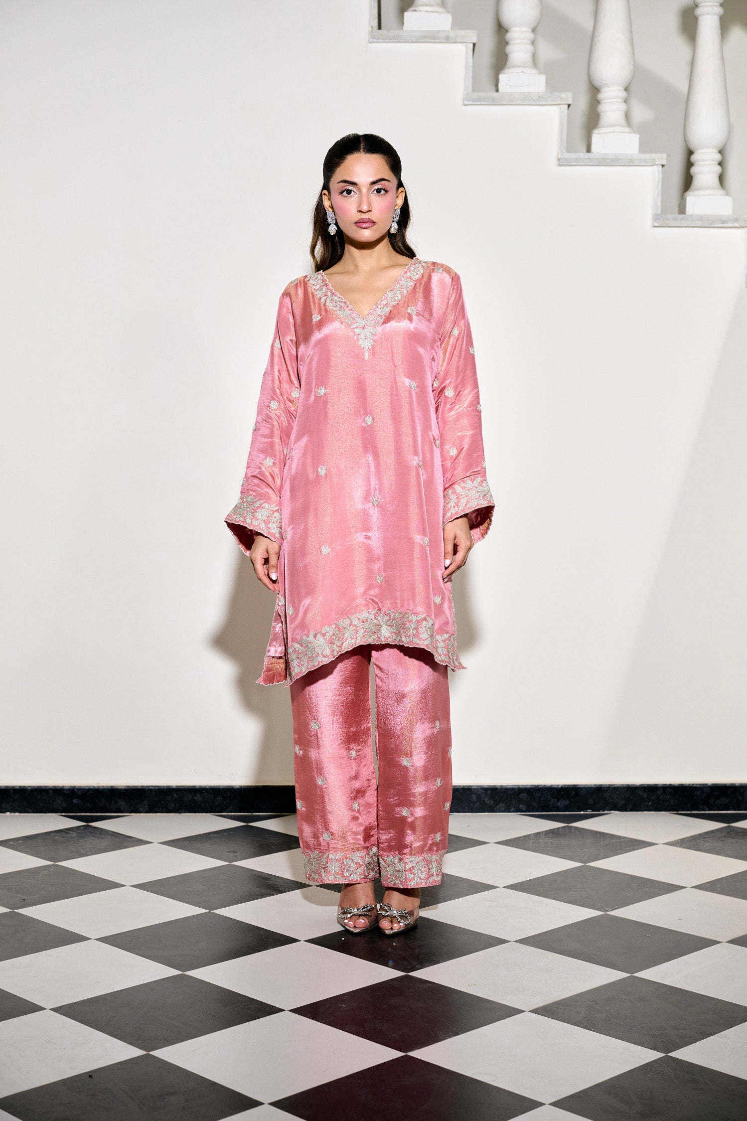 Pink Tilla Embroidered Pheran Set with Straight Pants