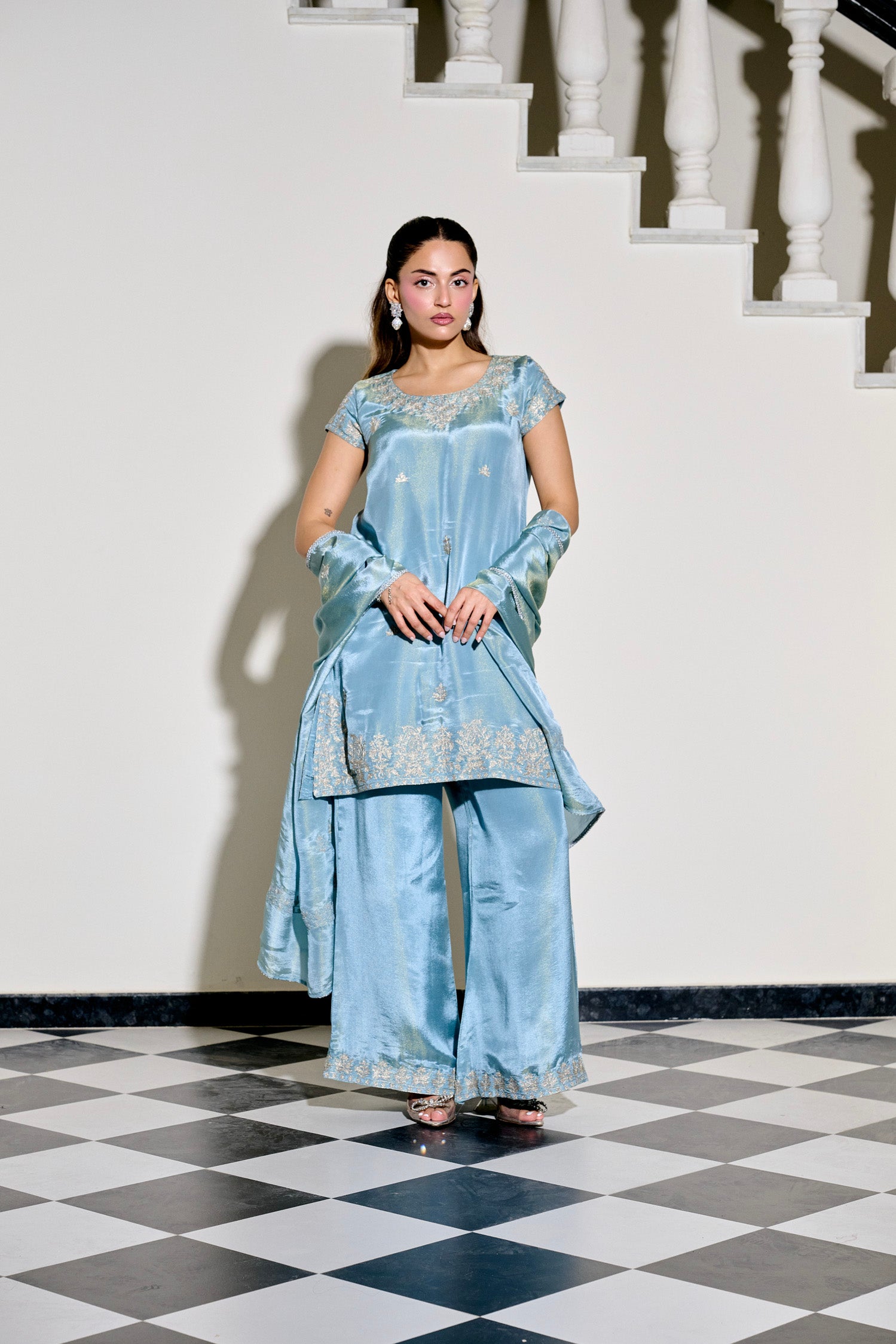 Cloud Blue Tilla Embroidered Kurta Set with Flared Palazzo Pants