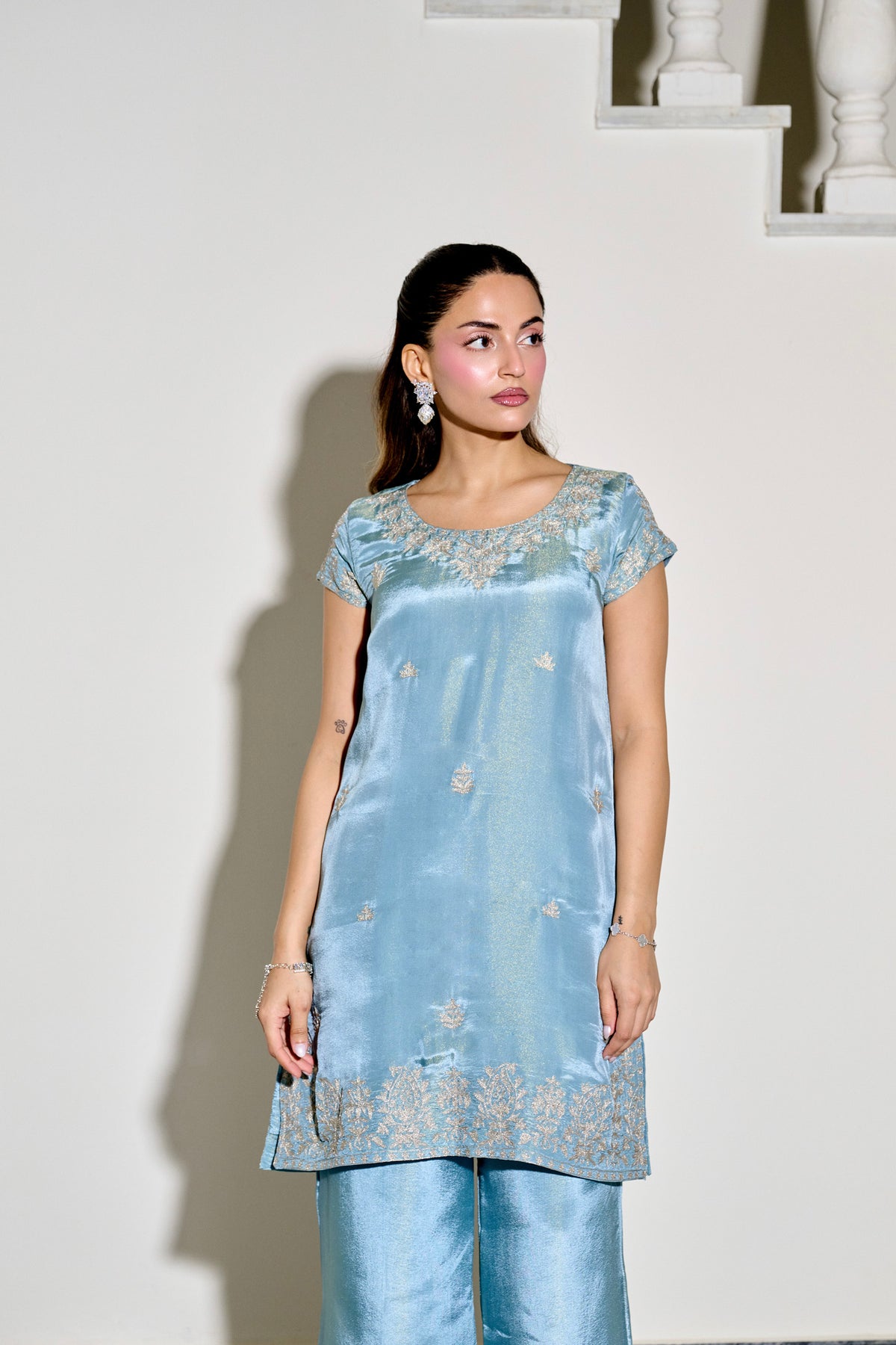 Cloud Blue Tilla Embroidered Kurta Set with Flared Palazzo Pants