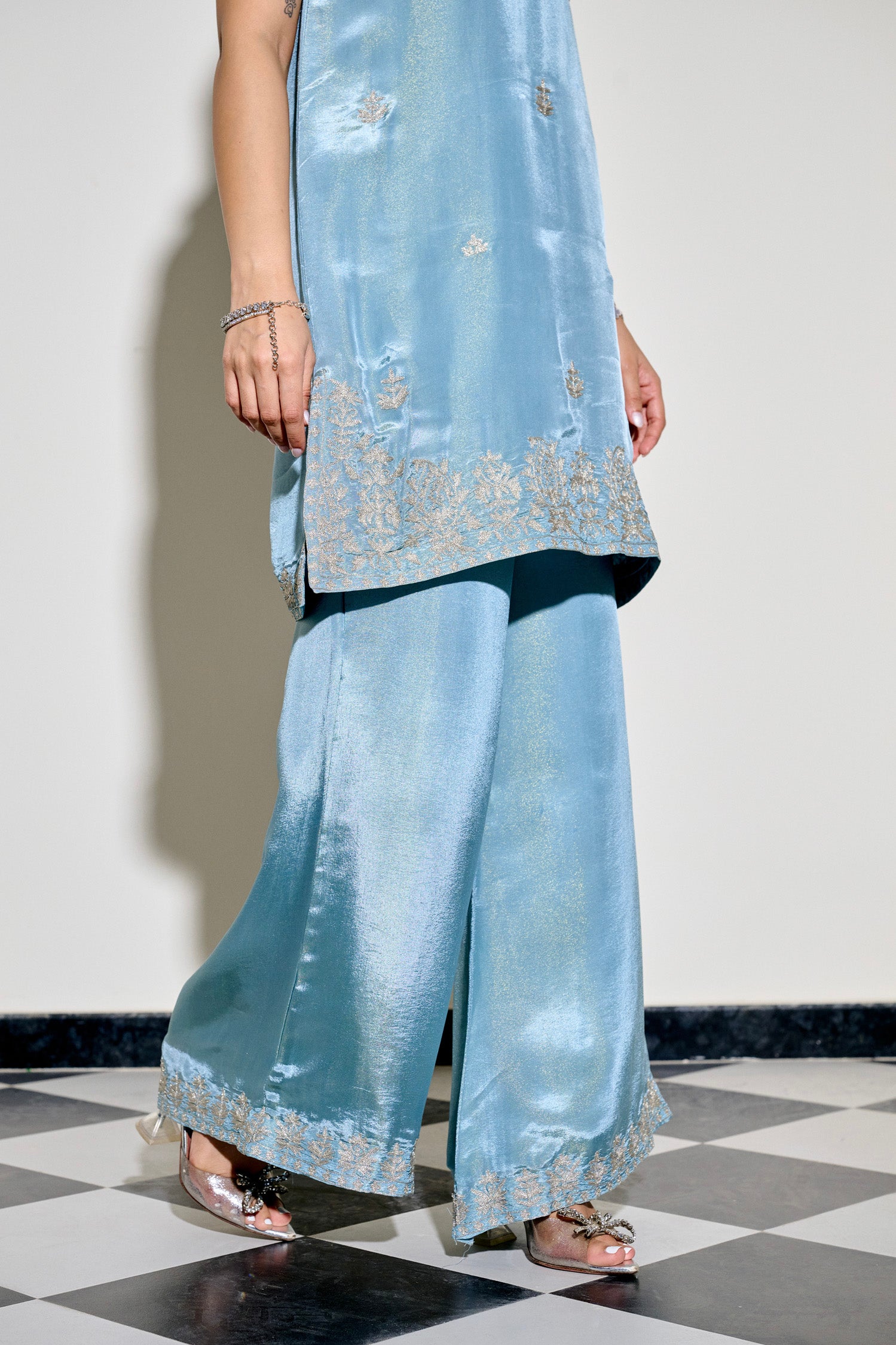 Cloud Blue Tilla Embroidered Kurta Set with Flared Palazzo Pants