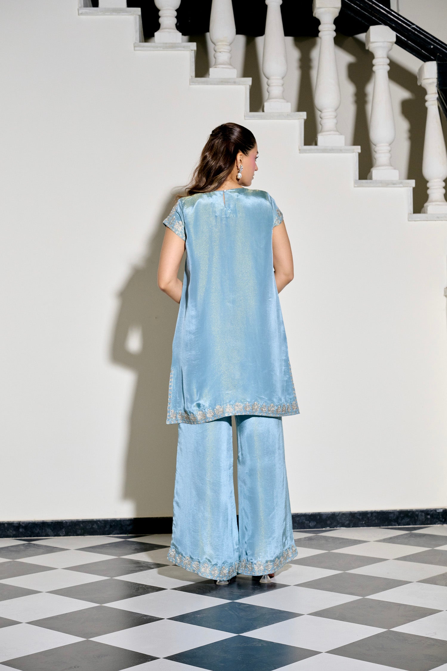 Cloud Blue Tilla Embroidered Kurta Set with Flared Palazzo Pants