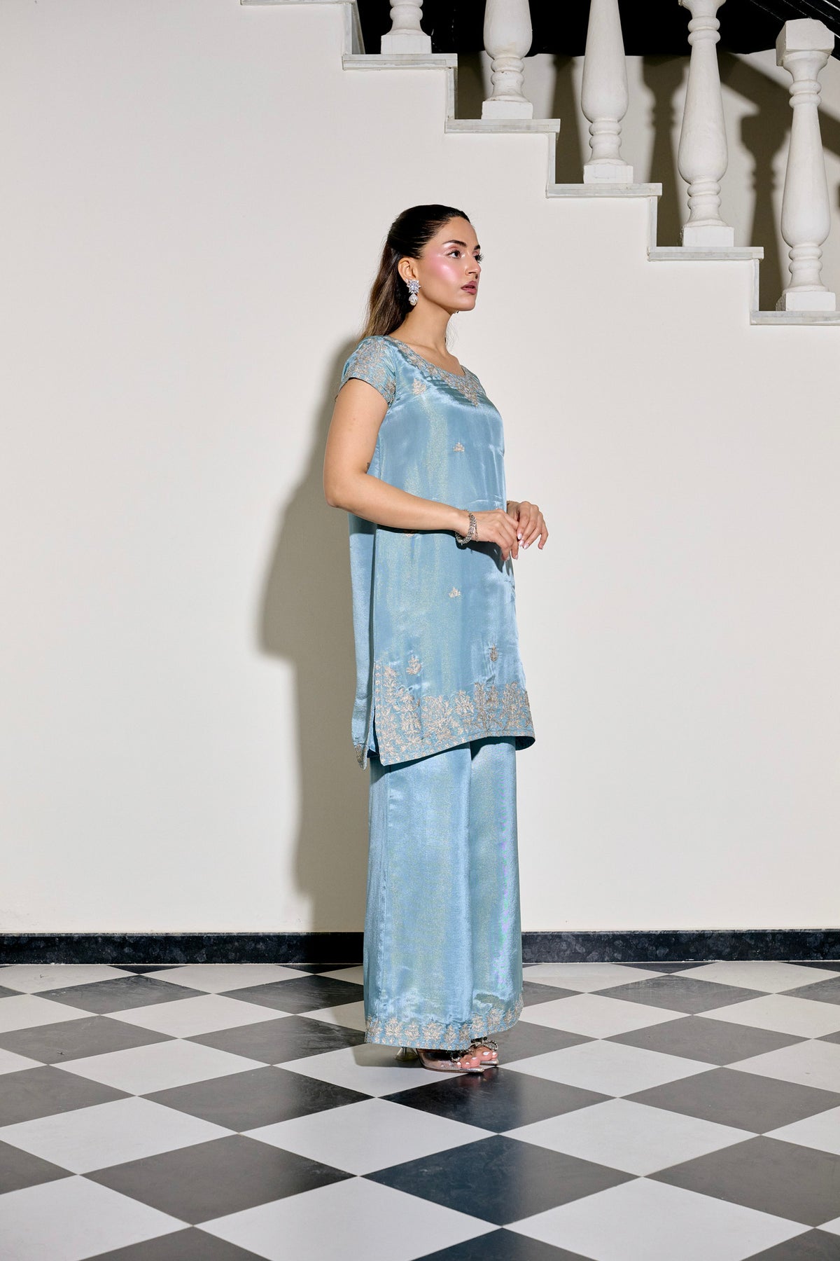 Cloud Blue Tilla Embroidered Kurta Set with Flared Palazzo Pants