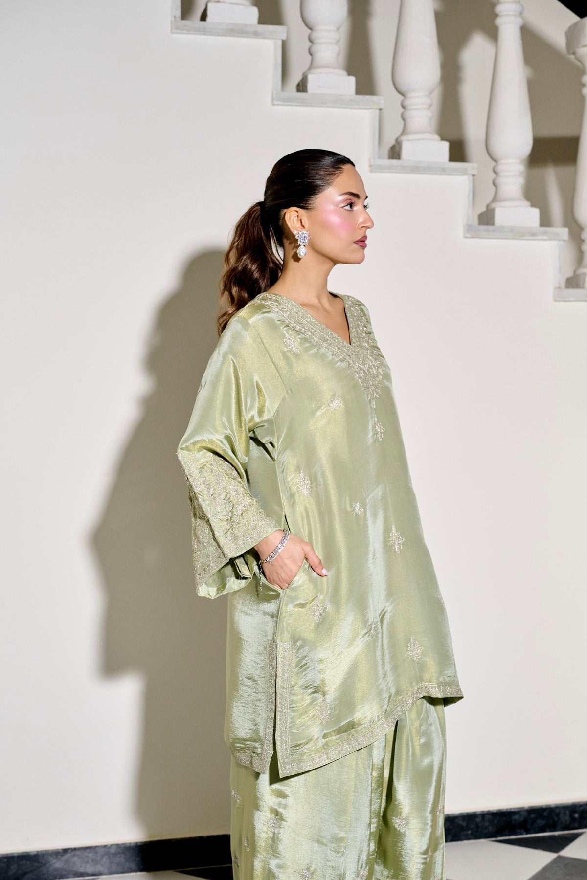 Sage Green Tilla Embroidered Pheran Set with Farshi Salwar