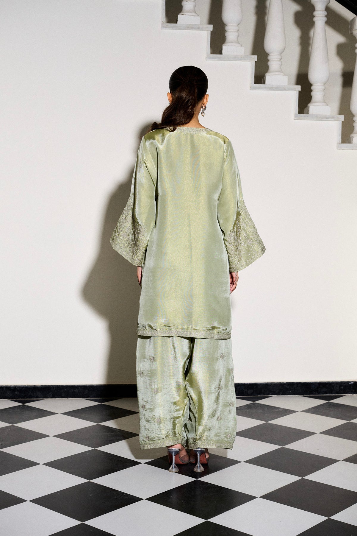 Sage Green Tilla Embroidered Pheran Set with Farshi Salwar