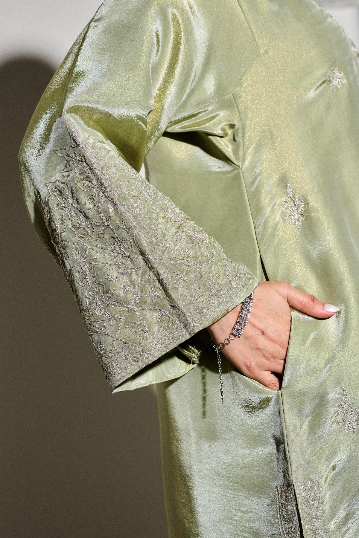 Sage Green Tilla Embroidered Pheran Set with Farshi Salwar