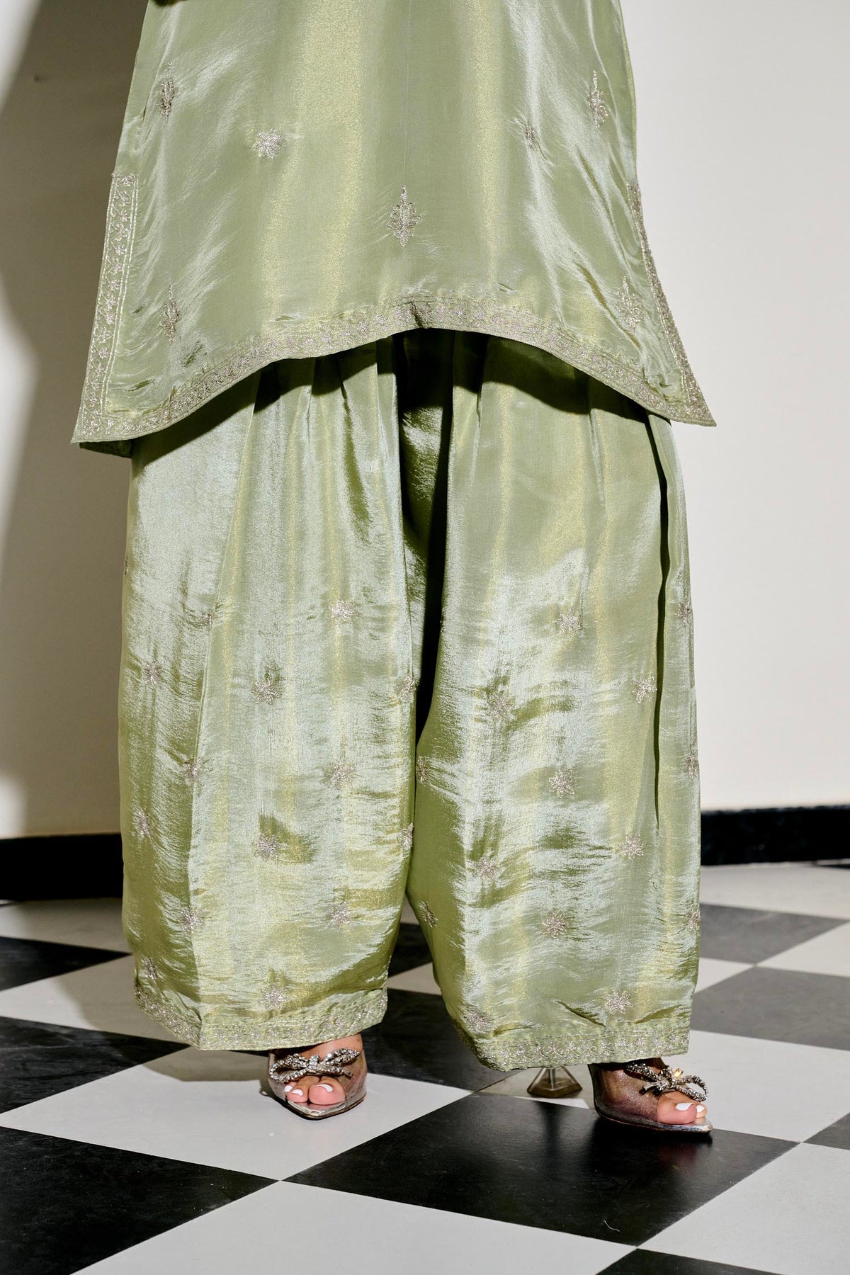 Sage Green Tilla Embroidered Pheran Set with Farshi Salwar