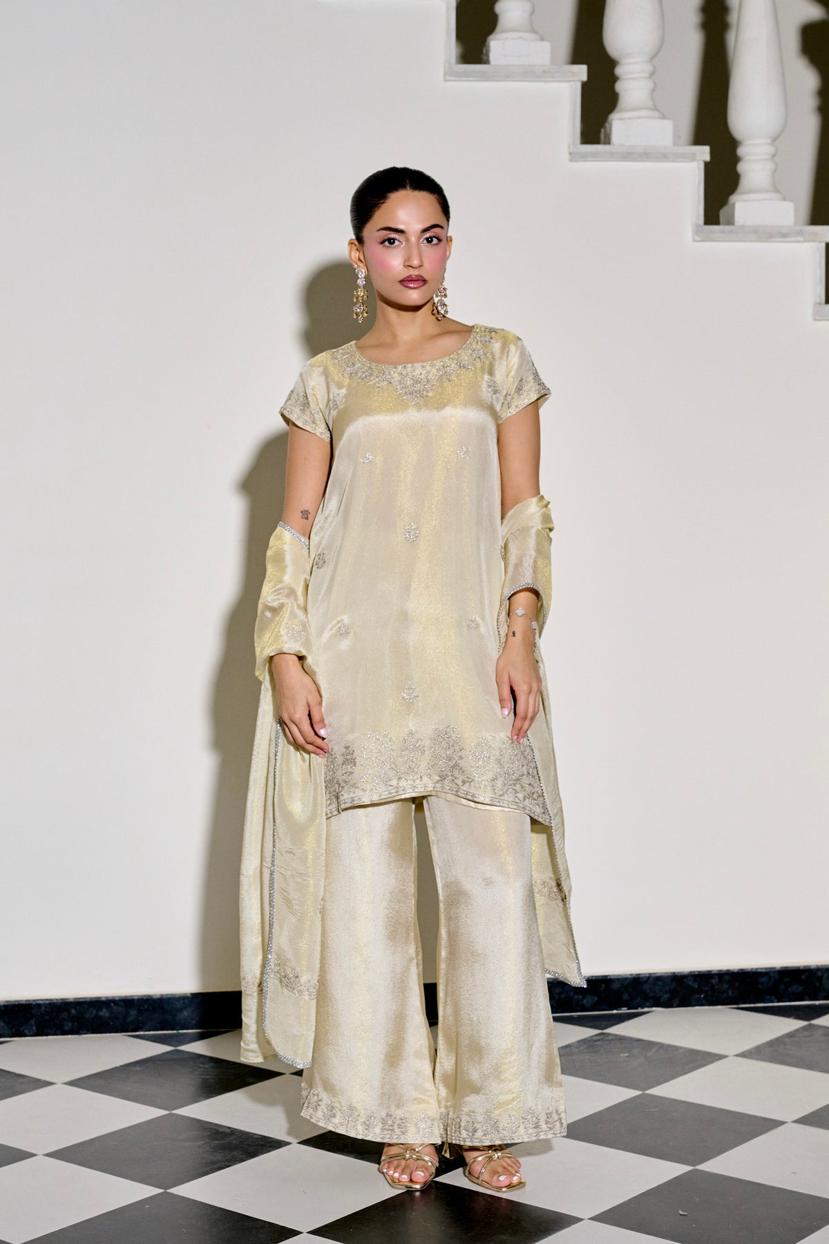 Ivory Tissue Tilla Embroidered Kurta Set with Flared Palazzo Pants