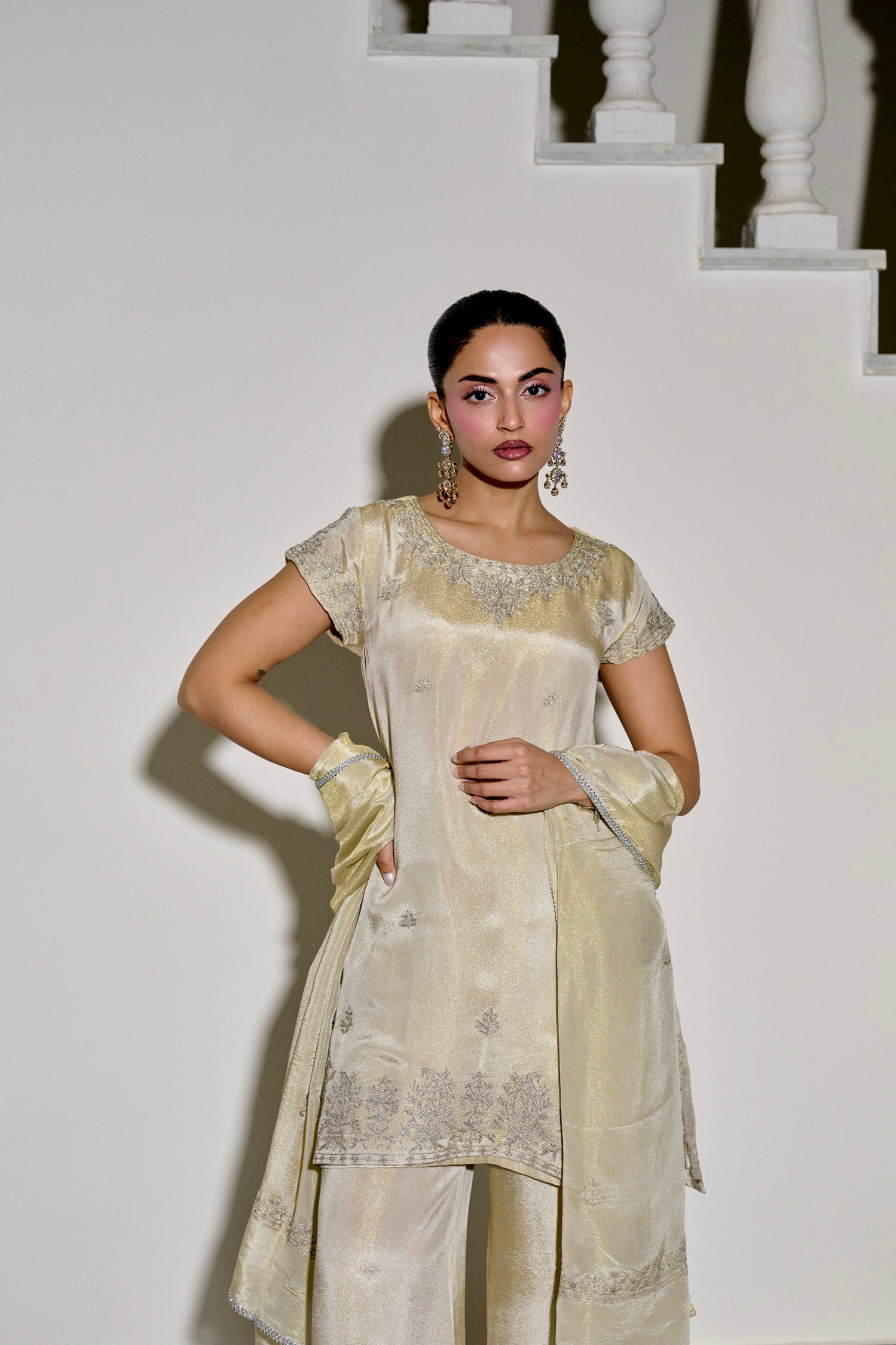 Ivory Tissue Tilla Embroidered Kurta Set with Flared Palazzo Pants