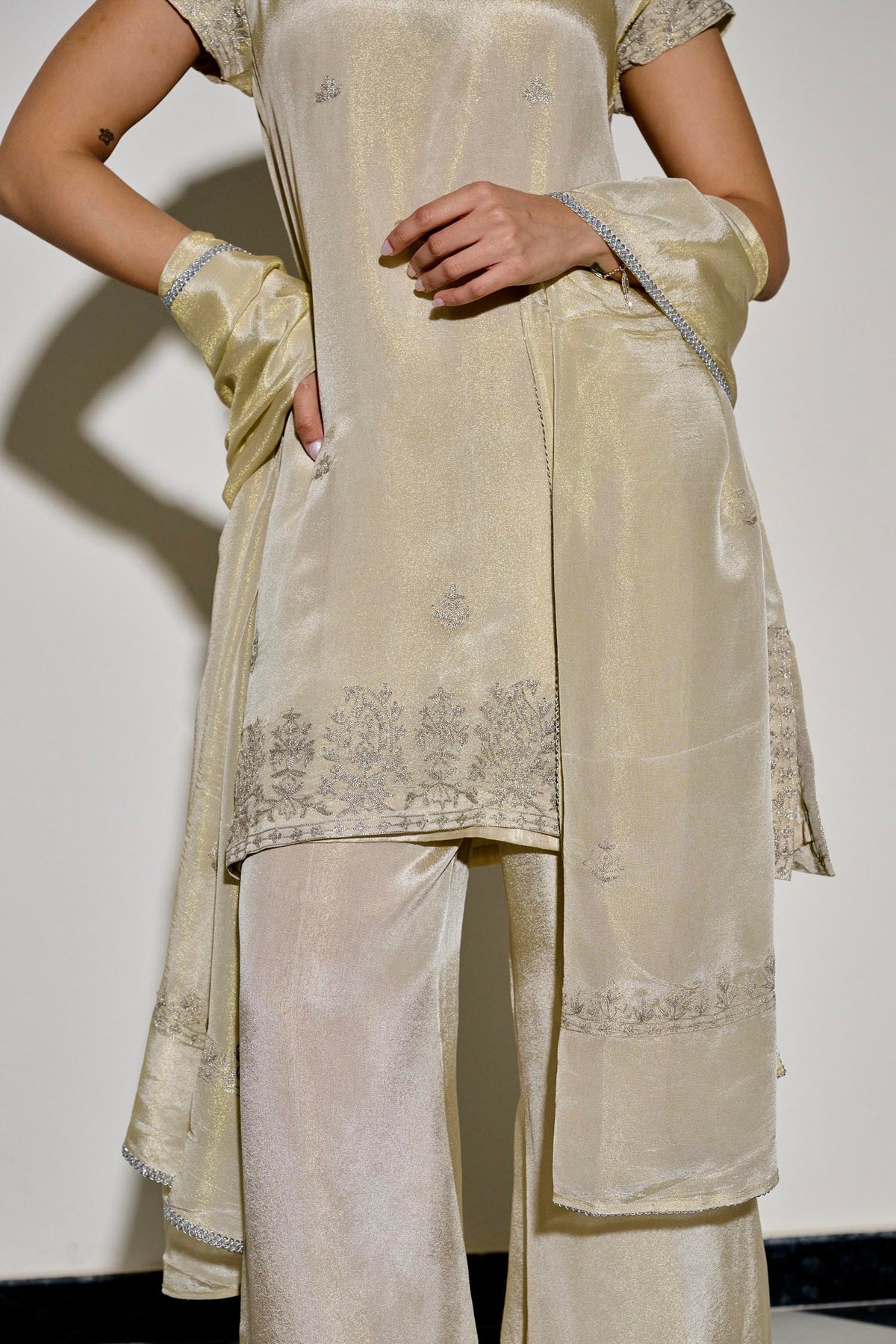 Ivory Tissue Tilla Embroidered Kurta Set with Flared Palazzo Pants