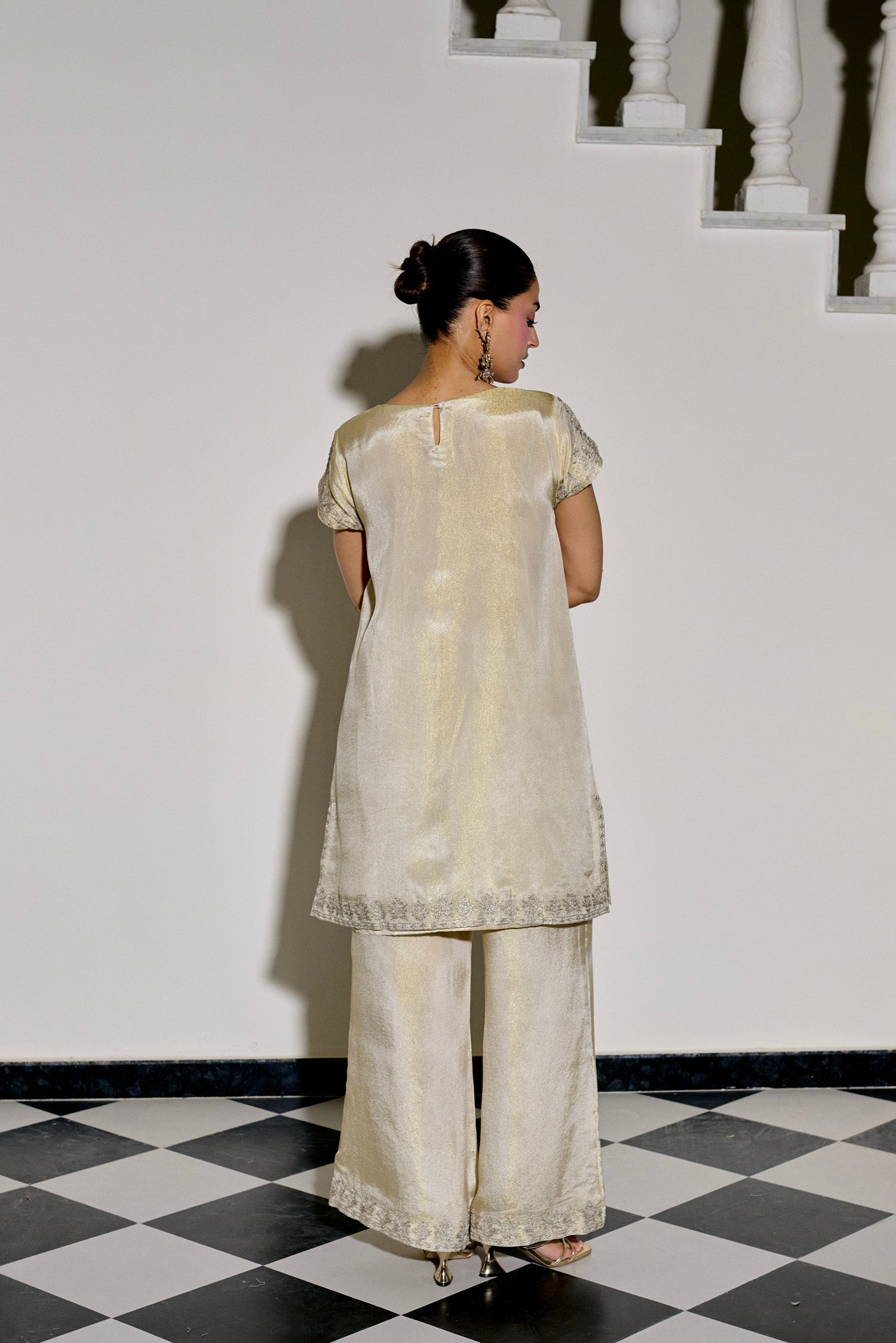 Ivory Tissue Tilla Embroidered Kurta Set with Flared Palazzo Pants