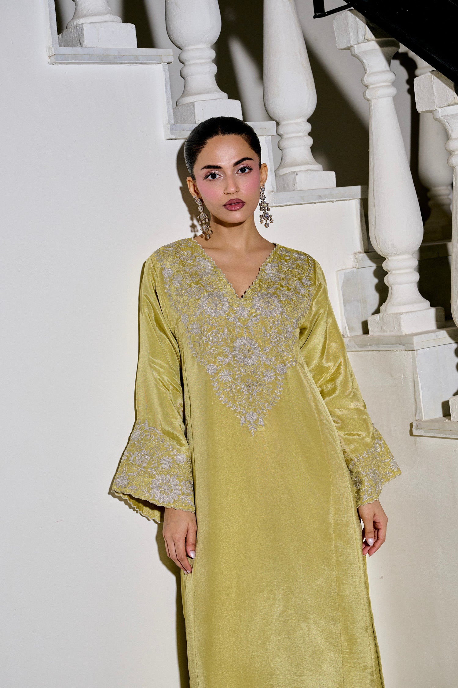 Lime Tissue Tilla Embroidered Kaftaan