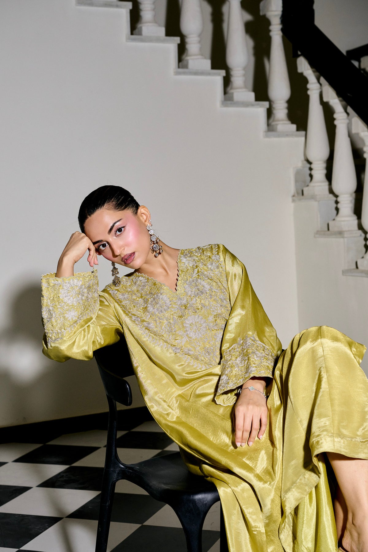 Lime Tissue Tilla Embroidered Kaftaan