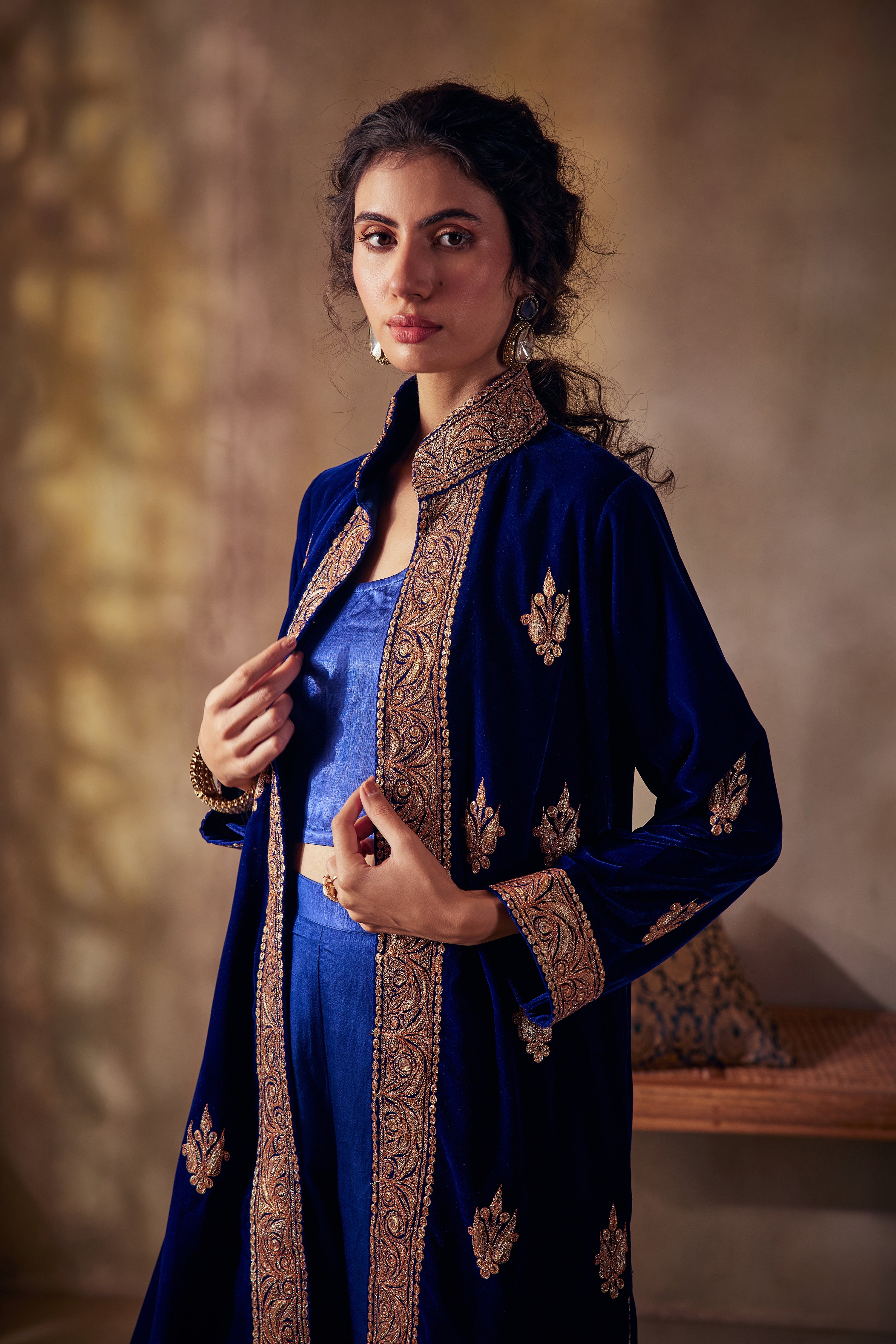 Sapphire Blue Silk Velvet Tilla Jacket Set