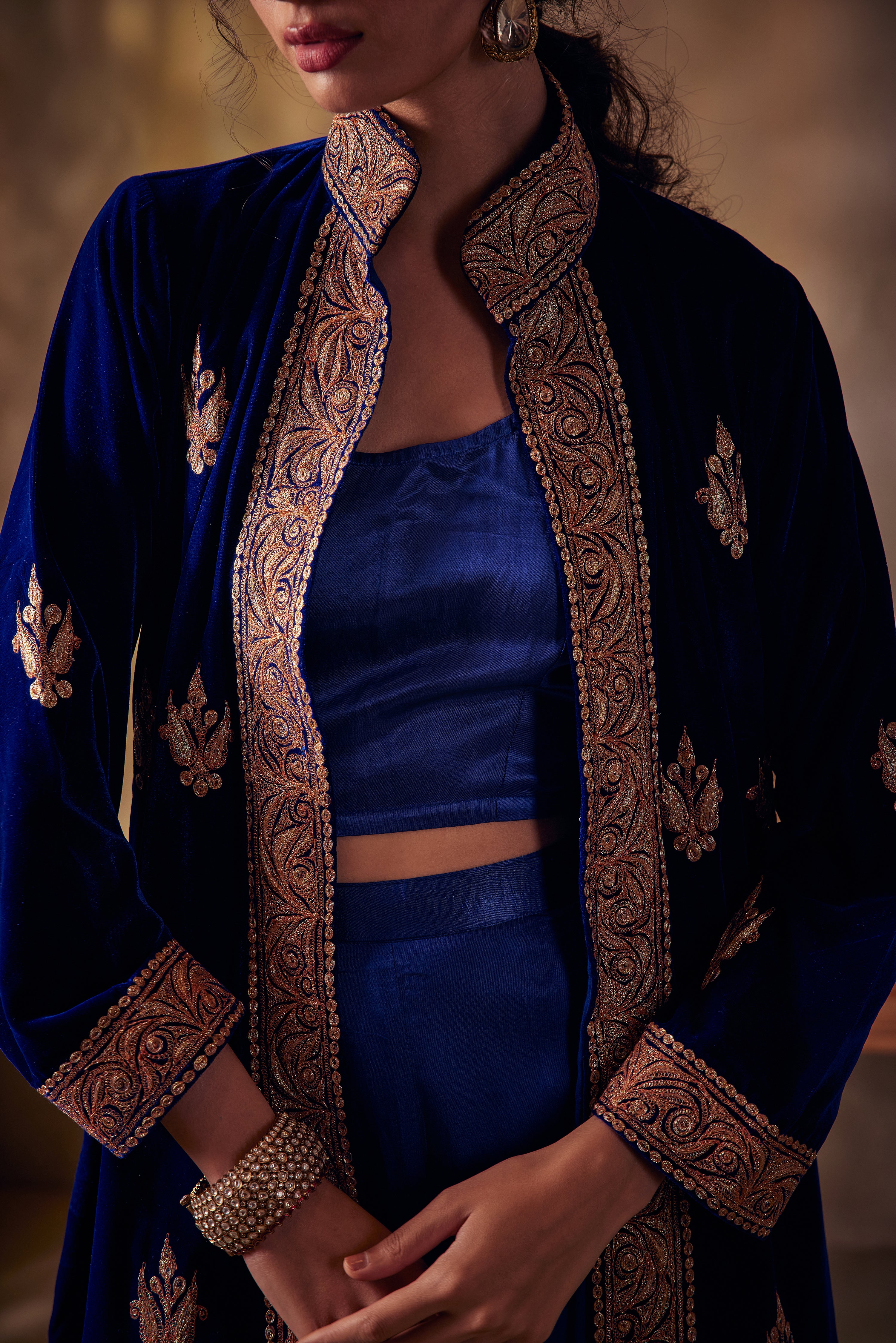 Sapphire Blue Silk Velvet Tilla Jacket Set