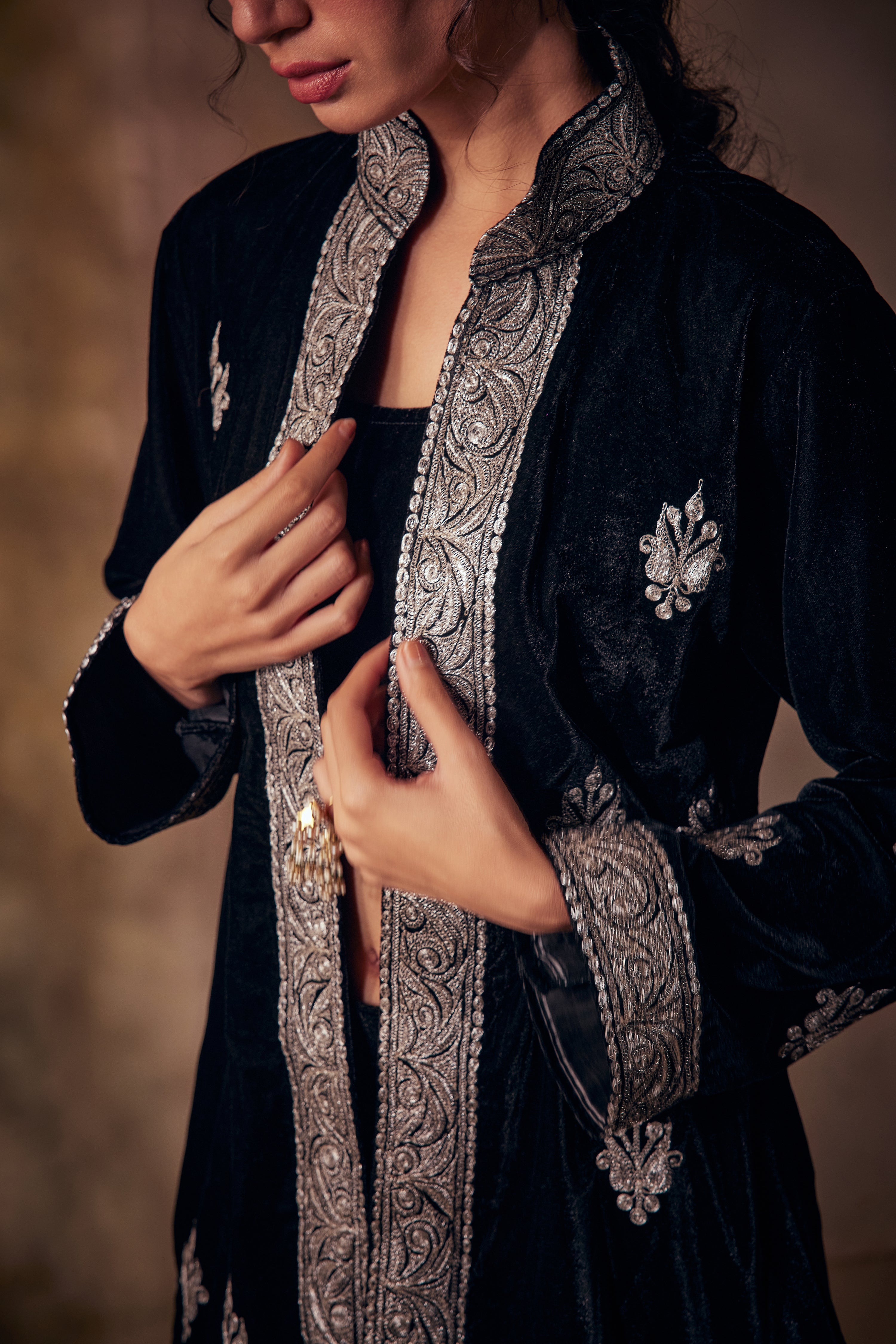Gauri Dhawan Engracia Velvet Short Jacket And One Shoulder Gown Set |  Maroon, Gown, Velvet, Gown, Gown