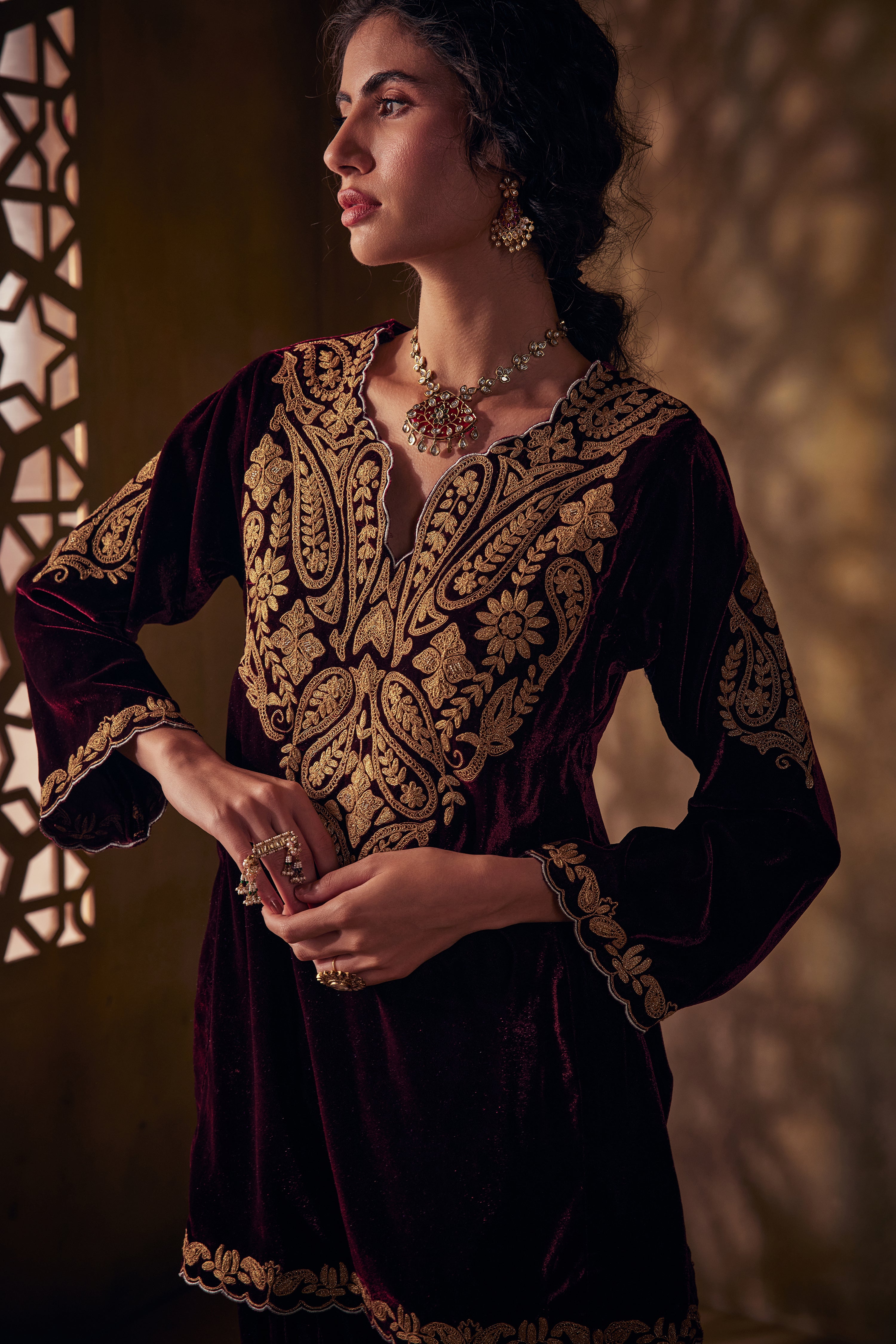 Royal Burgundy Silk Velvet Tilla Salwar Set