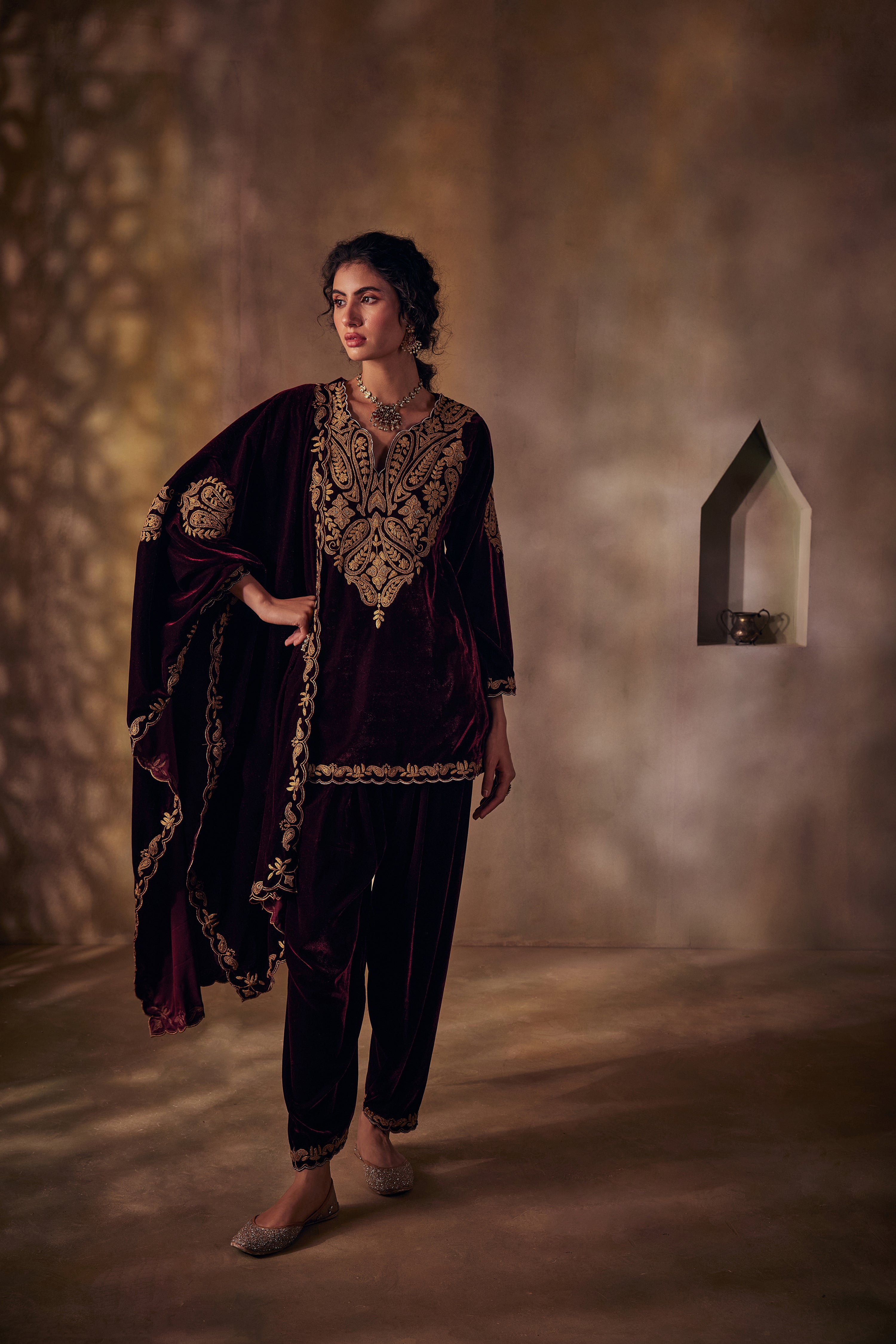 Royal Burgundy Silk Velvet Tilla Salwar Set