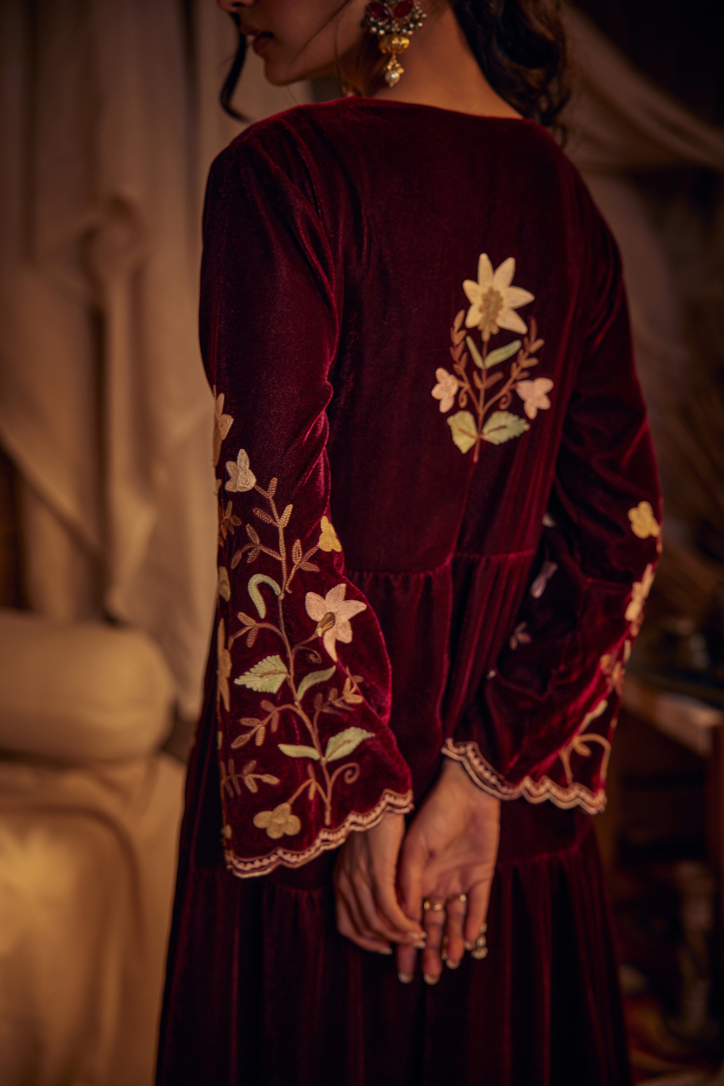 Nishat Burgundy Silk Velvet Dress