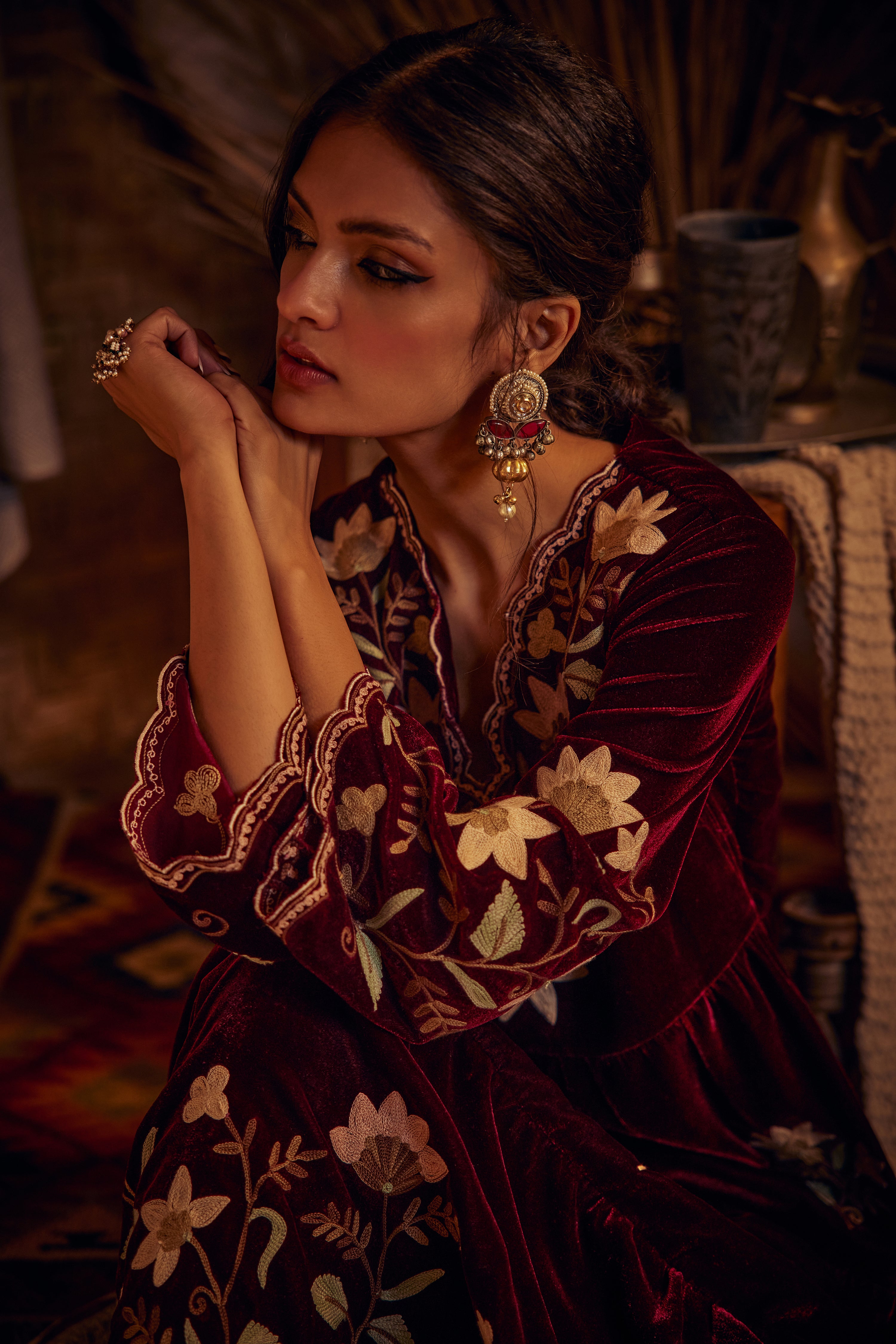 Nishat Burgundy Silk Velvet Dress