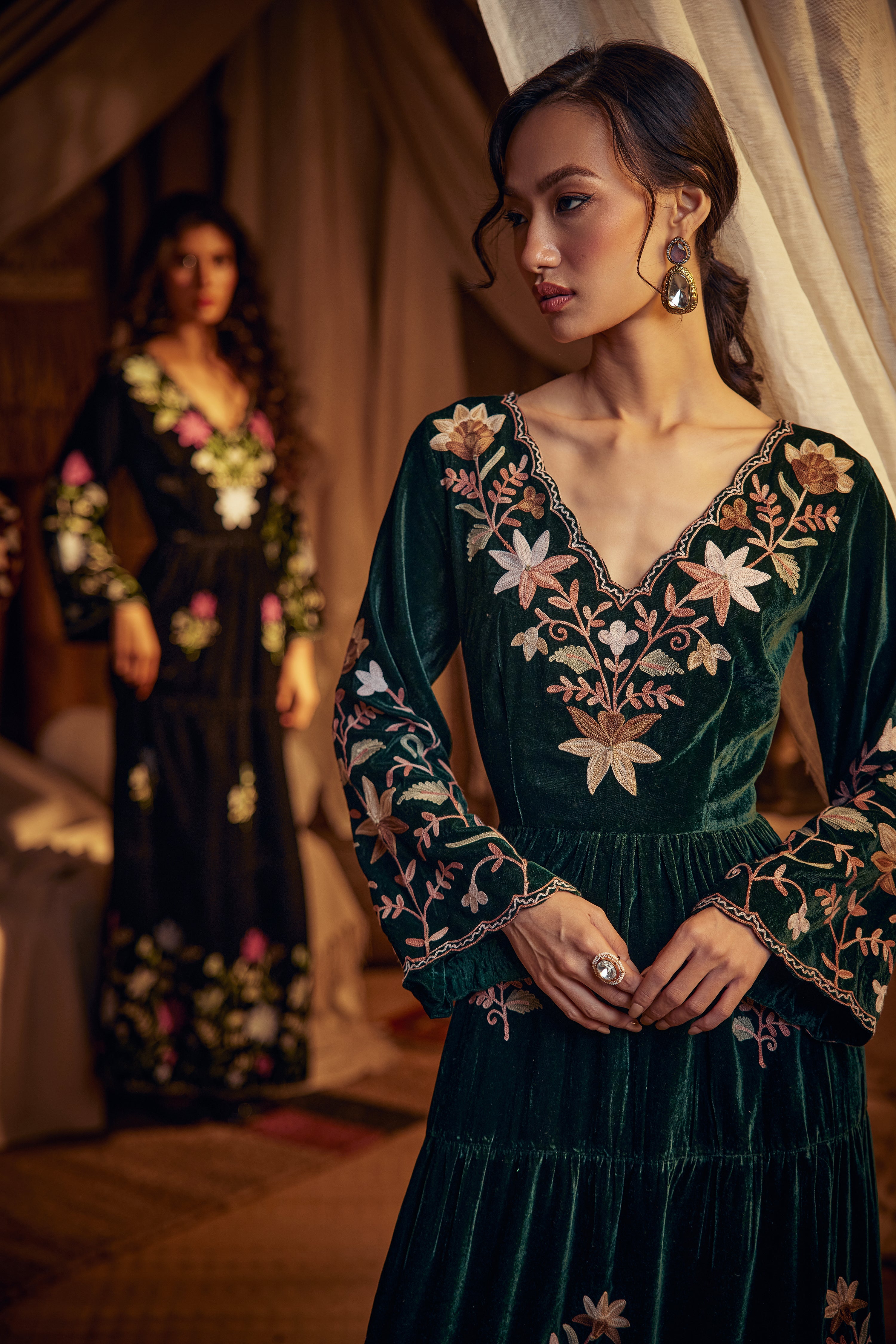 Nishat Emerald Green Silk Velvet Dress
