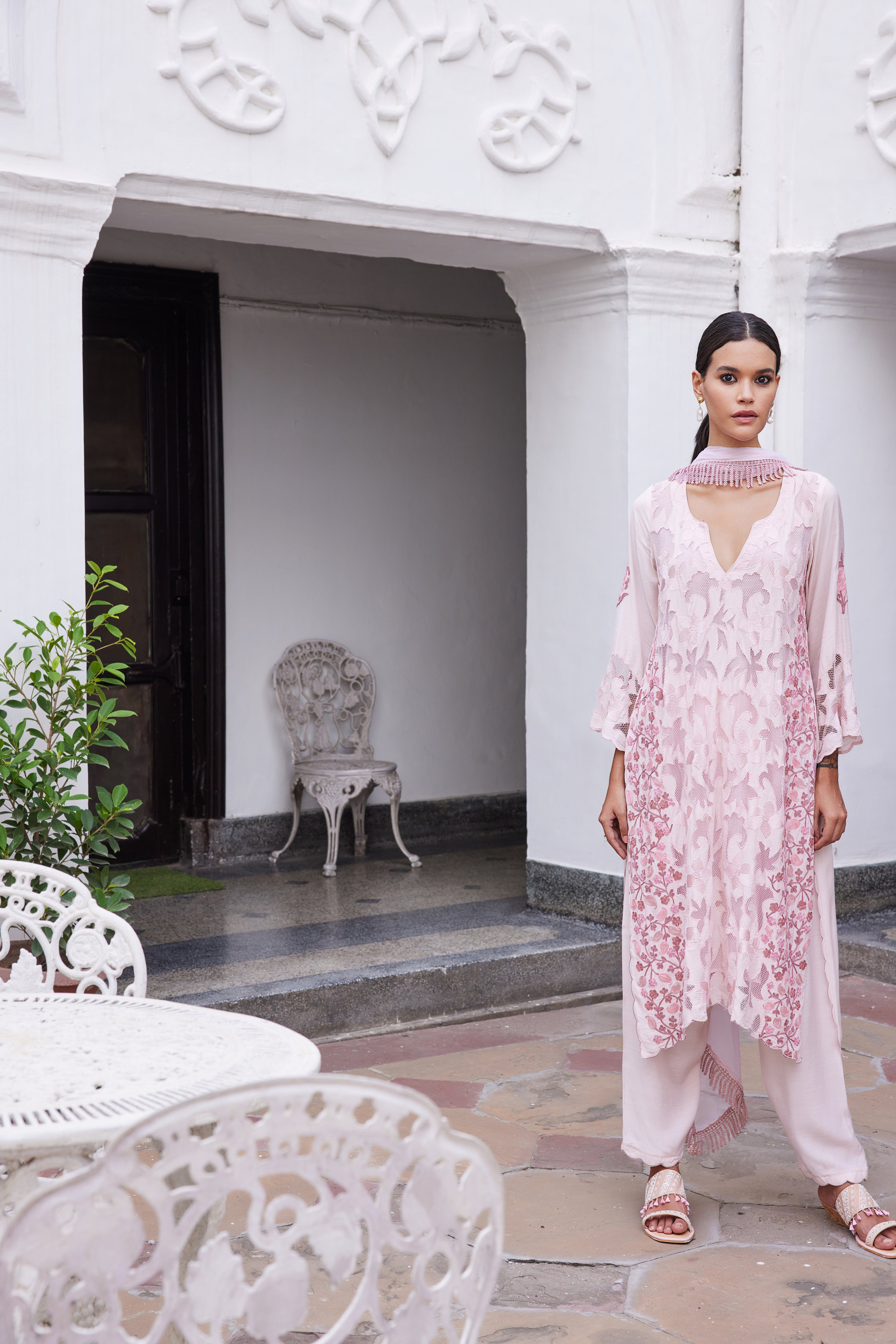 Powder Pink Cutwork Asymmetrical Kurta Set