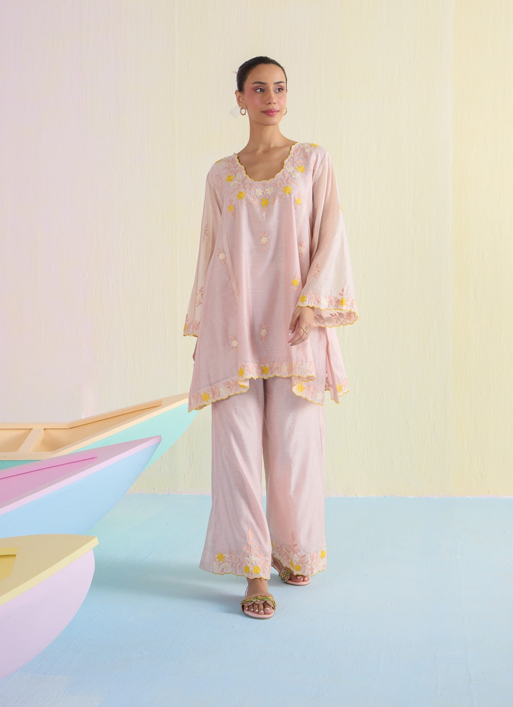 Sunshine Pink Kalidaar Chanderi Cotton Kurta Set