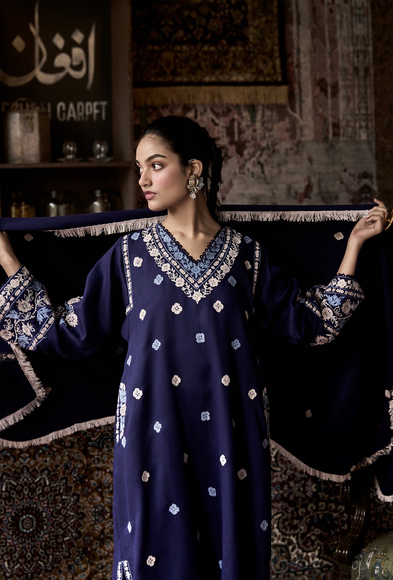 Royal Blue Wool Aari Embroidered Kalidaar Pheran Set with Flared Pants & Embroidered Stole