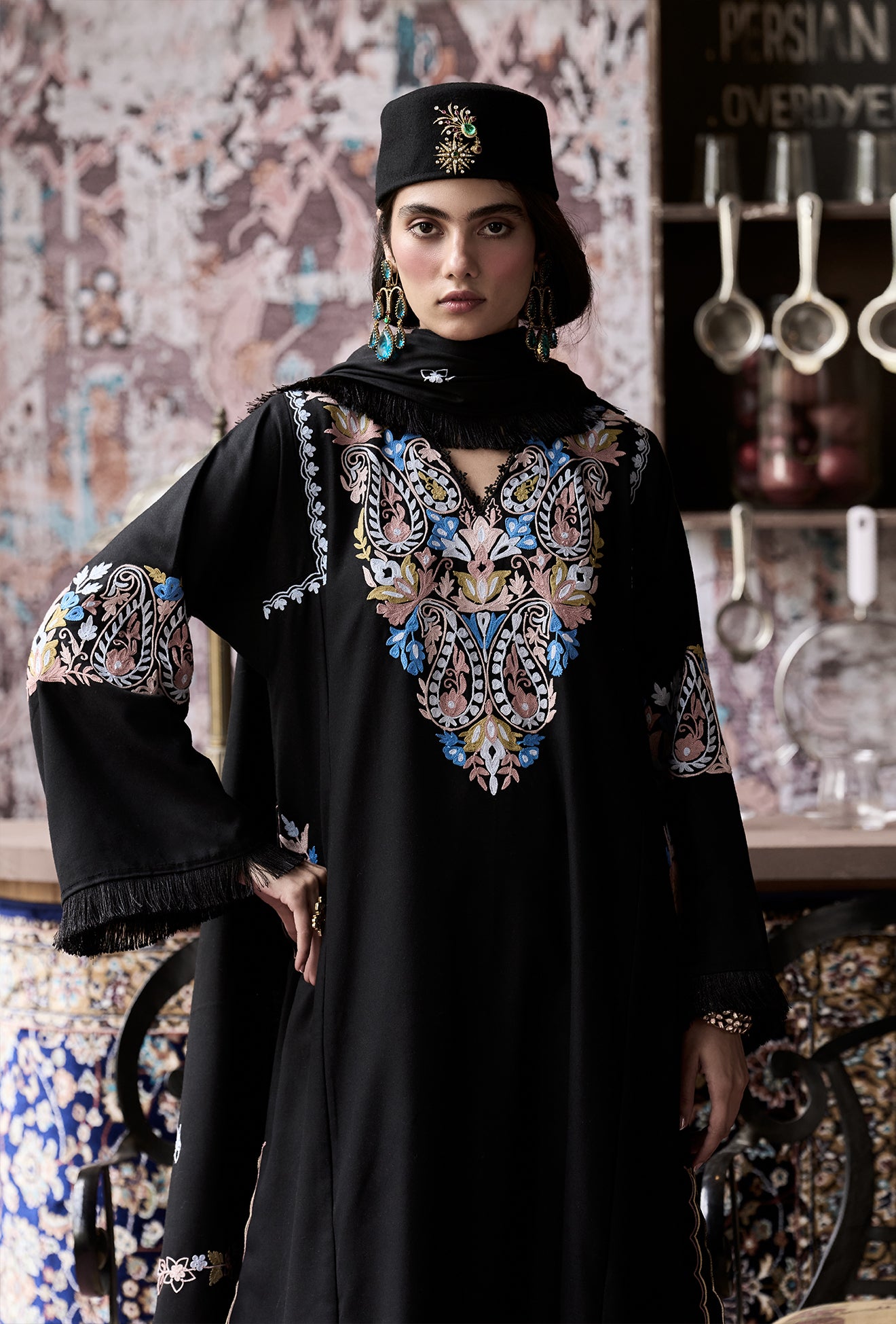 ⁠Black Wool Aari Embroidered Kalidaar Pheran Set with Salwar Pants & Embroidered Stole