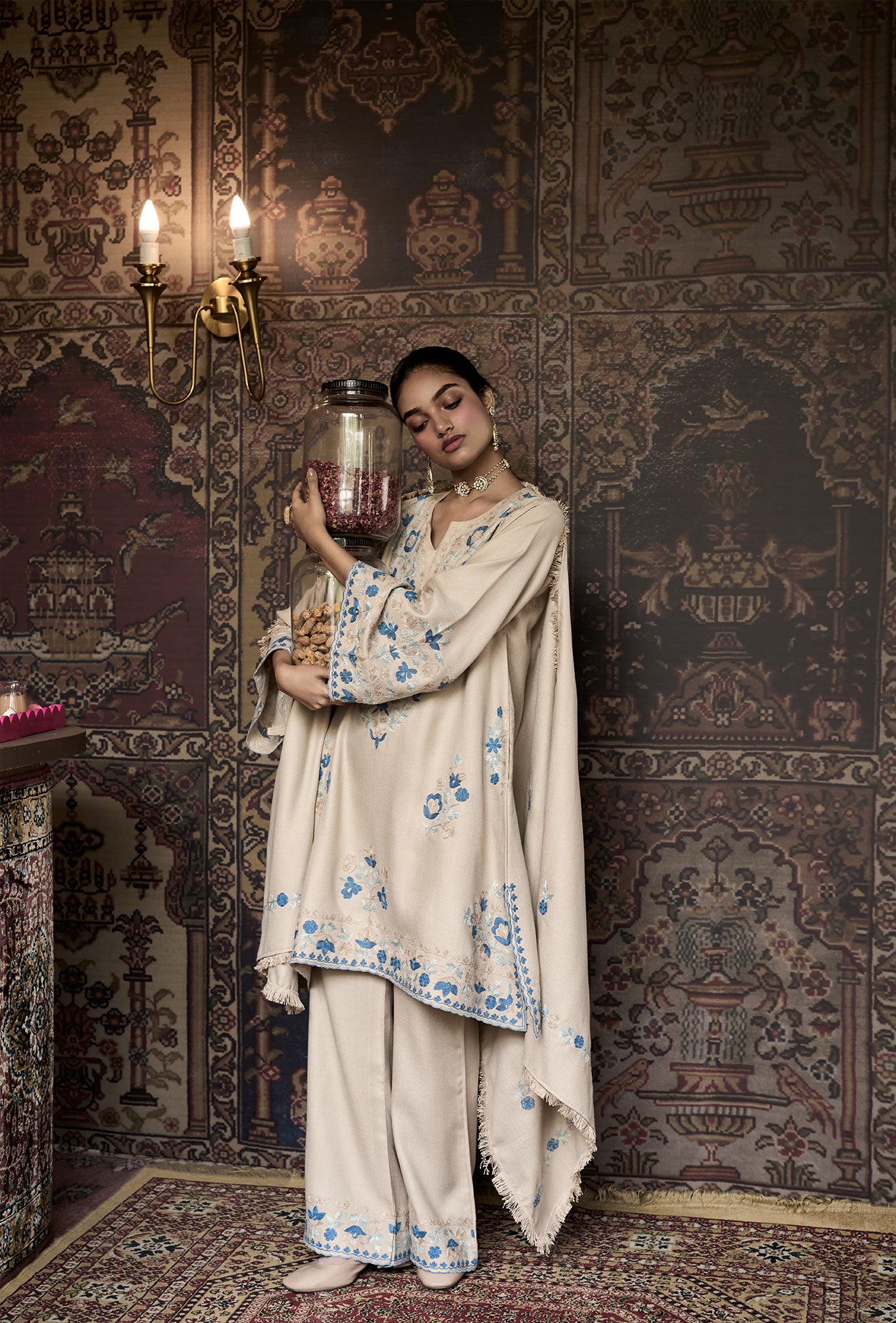 Beige Wool Aari Embroidered Short Pheran Set with Flared Pants & Embroidered Stole