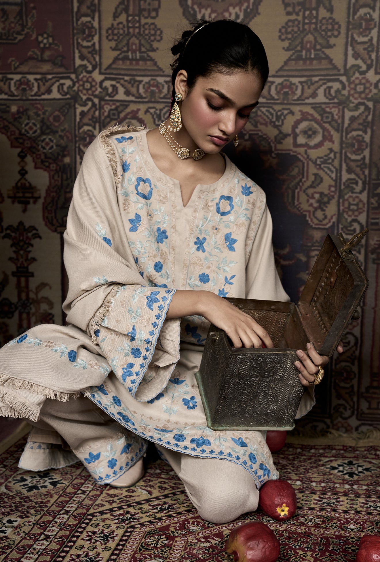 Beige Wool Aari Embroidered Short Pheran Set with Flared Pants & Embroidered Stole