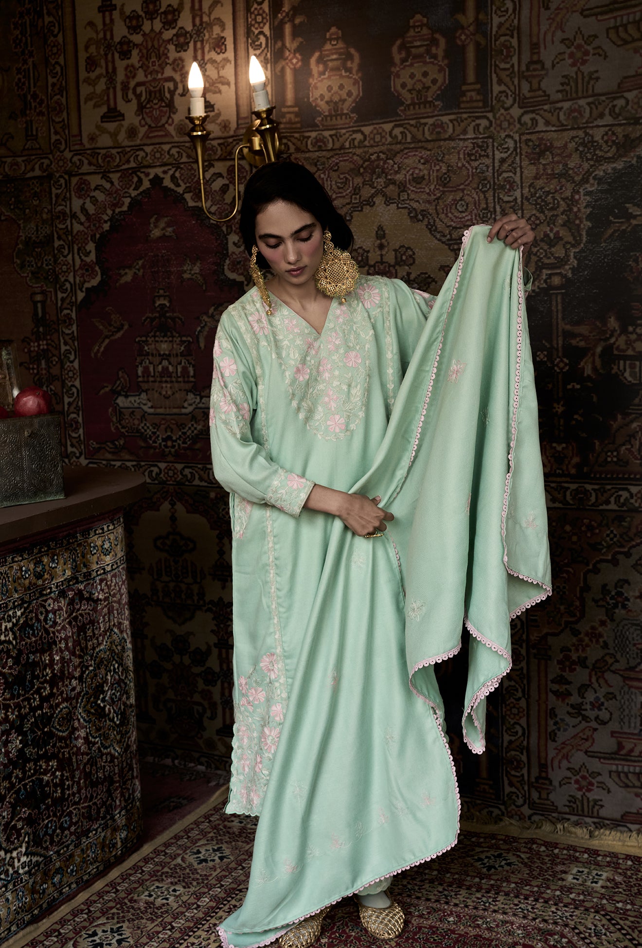 ⁠⁠Mint Green Wool Aari Embroidered Kalidaar Pheran Set with Salwar Pants & Embroidered Stole