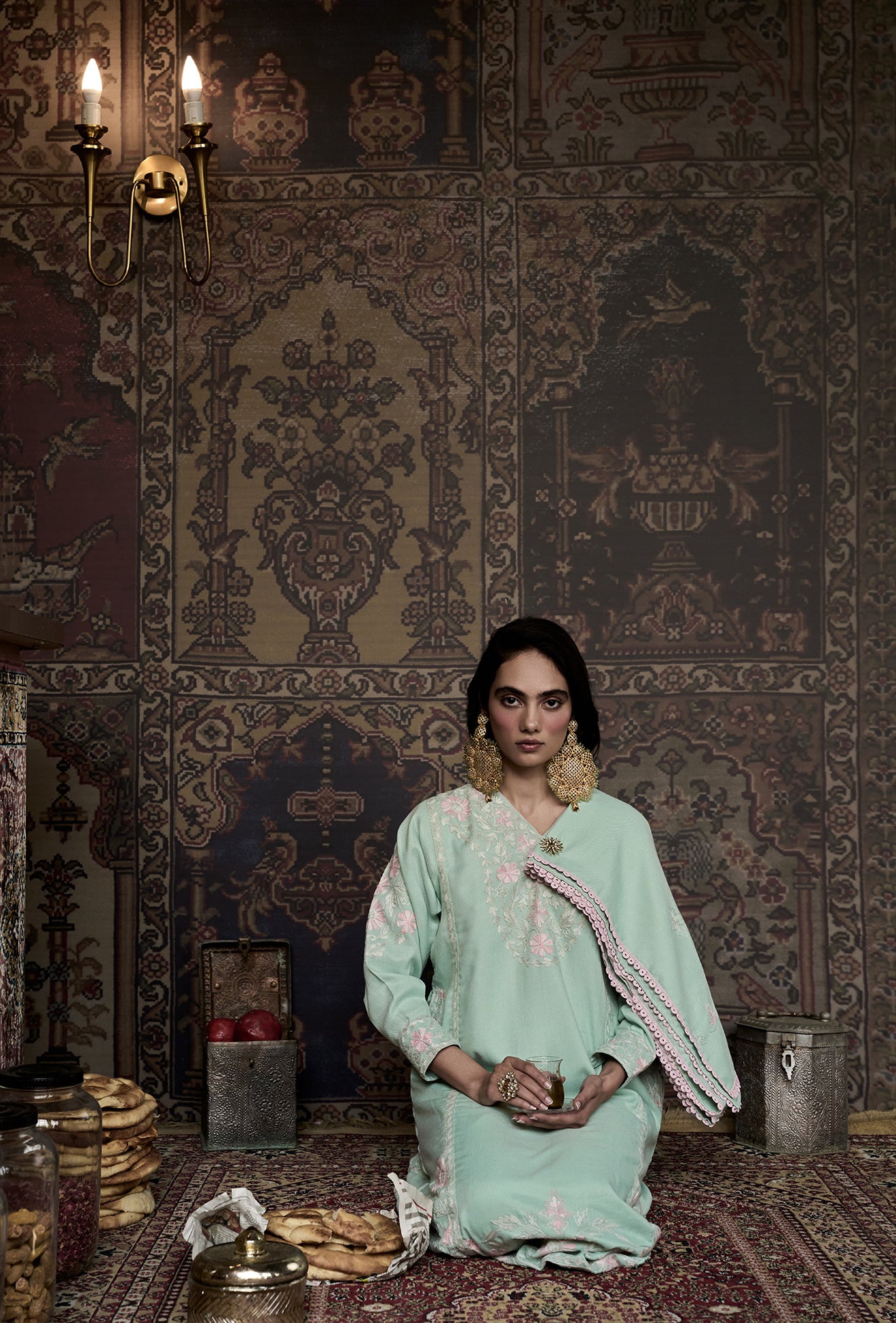 ⁠⁠Mint Green Wool Aari Embroidered Kalidaar Pheran Set with Salwar Pants & Embroidered Stole