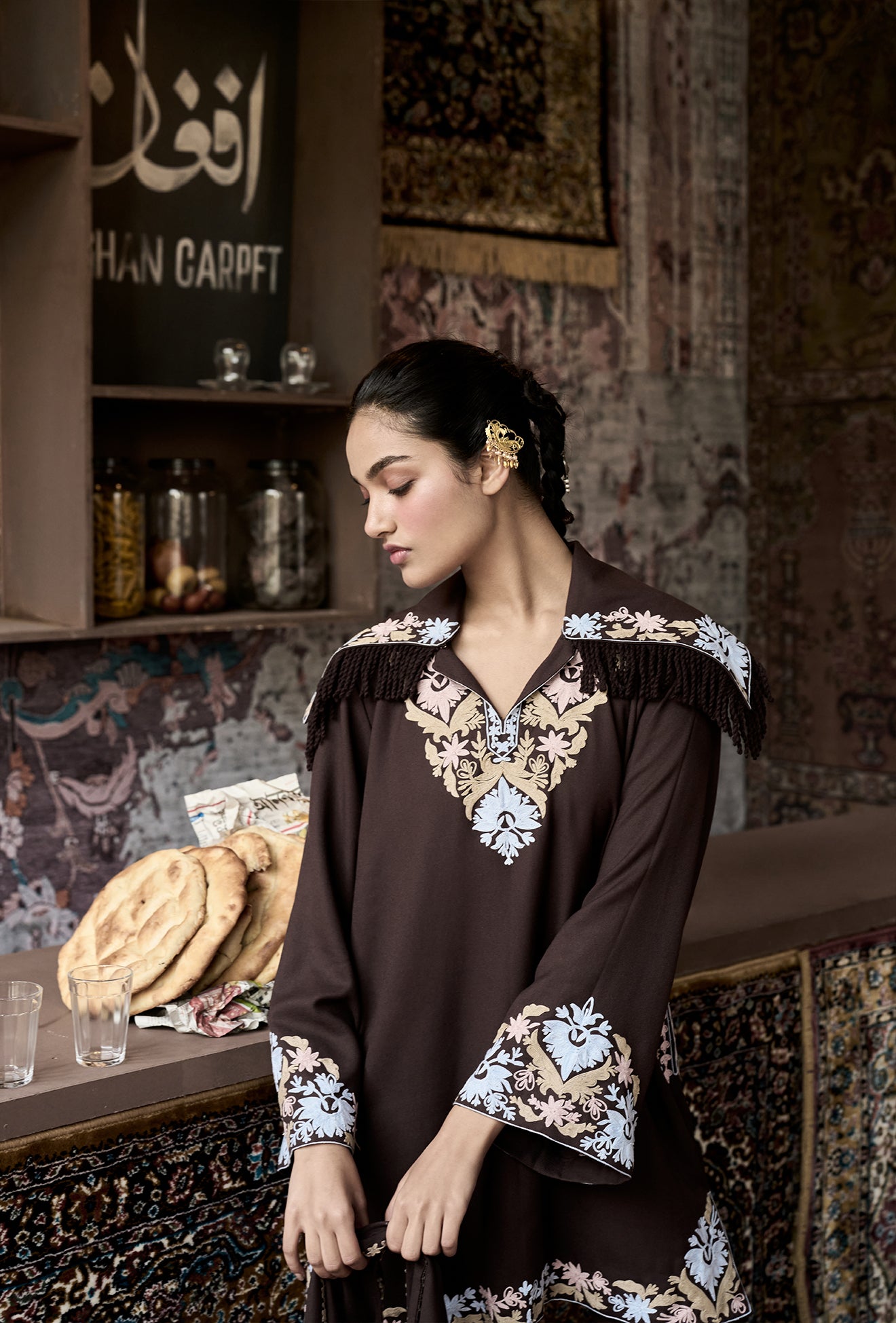 ⁠⁠Brown Wool Aari Embroidered Coord Set with Detachable Fringe Collar