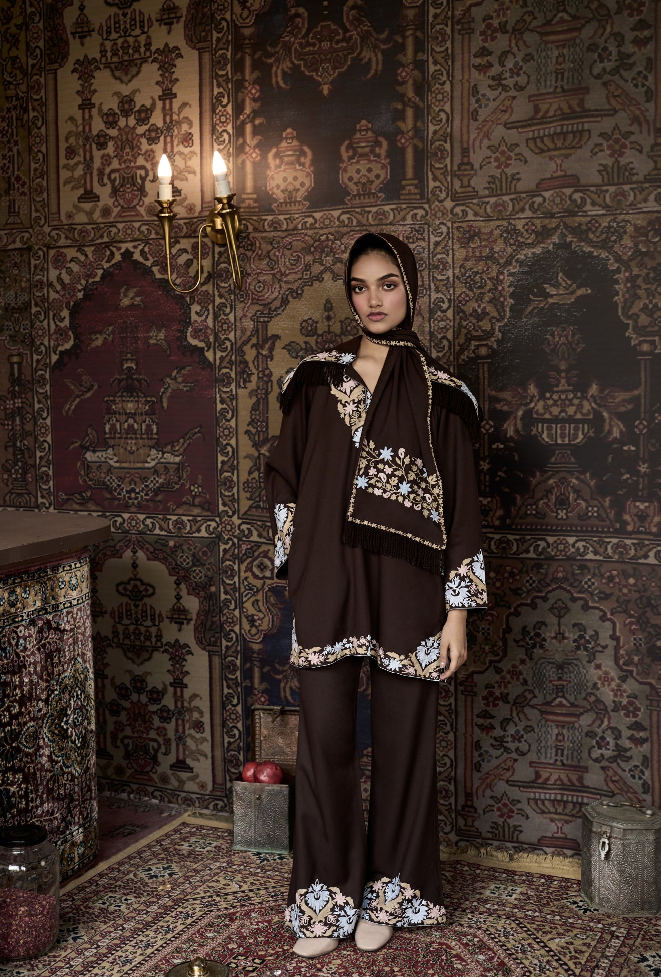 ⁠⁠Brown Wool Aari Embroidered Coord Set with Detachable Fringe Collar