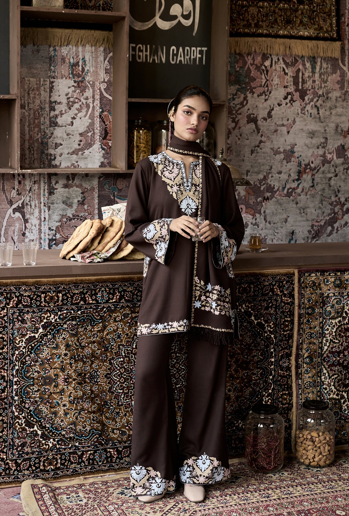 ⁠⁠Brown Wool Aari Embroidered Coord Set with Detachable Fringe Collar