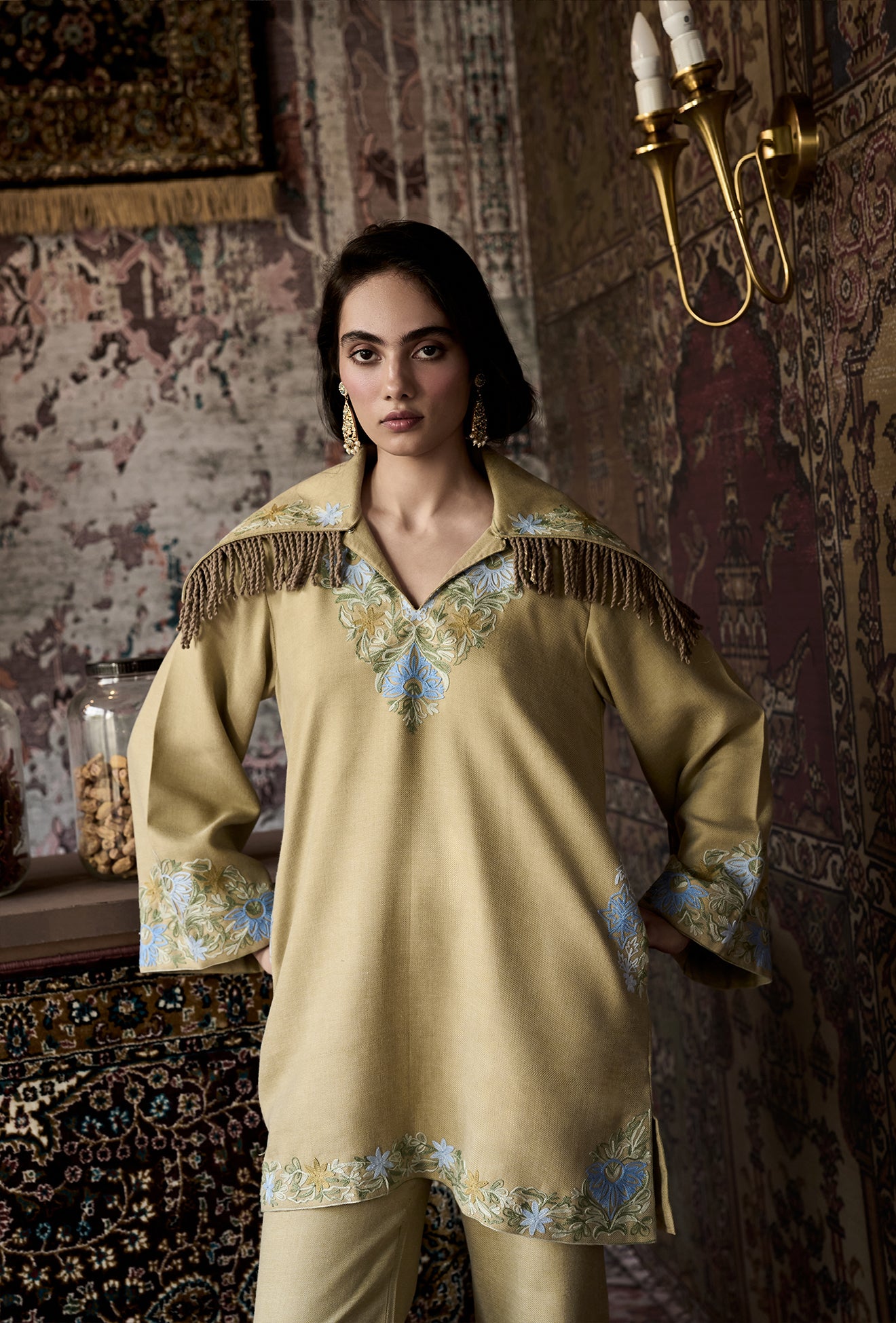 Olive Wool Aari Embroidered Coord Set with Detachable Fringe Collar